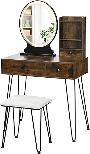 Miniatura 9 de CHARMAID Juego de tocador con espejo iluminado, 3 cajones y estantes de almacenamiento de 3 niveles, espejo regulable con pantalla táctil de 3
