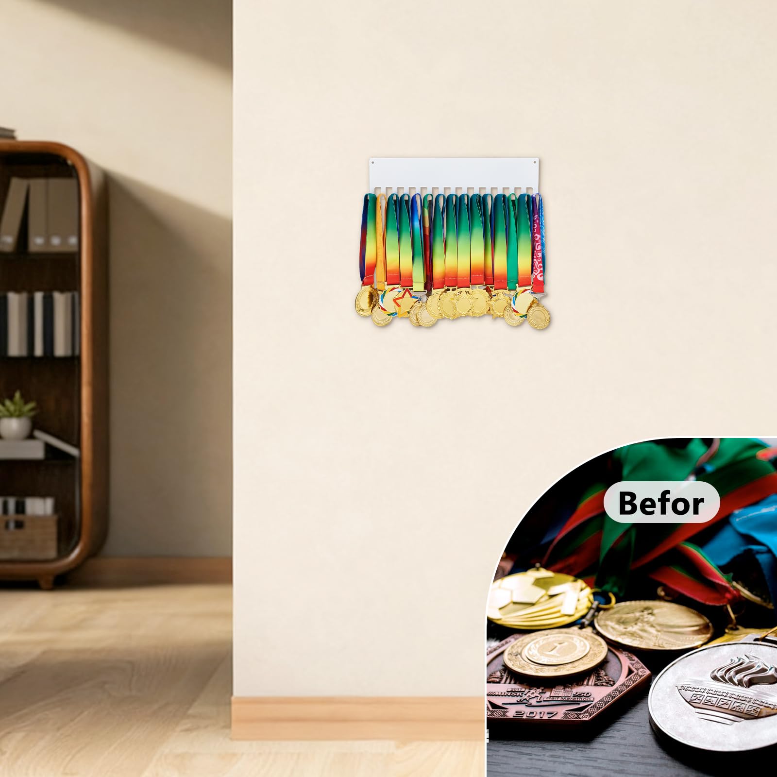 Superdant - Portamedallas metálicas, estilo básico, diseño minimalista, soporte para medallas, 15 ganchos, organizador de cintas para recompensas deportivas, montaje en pared, 40 x 10 cm — view 6