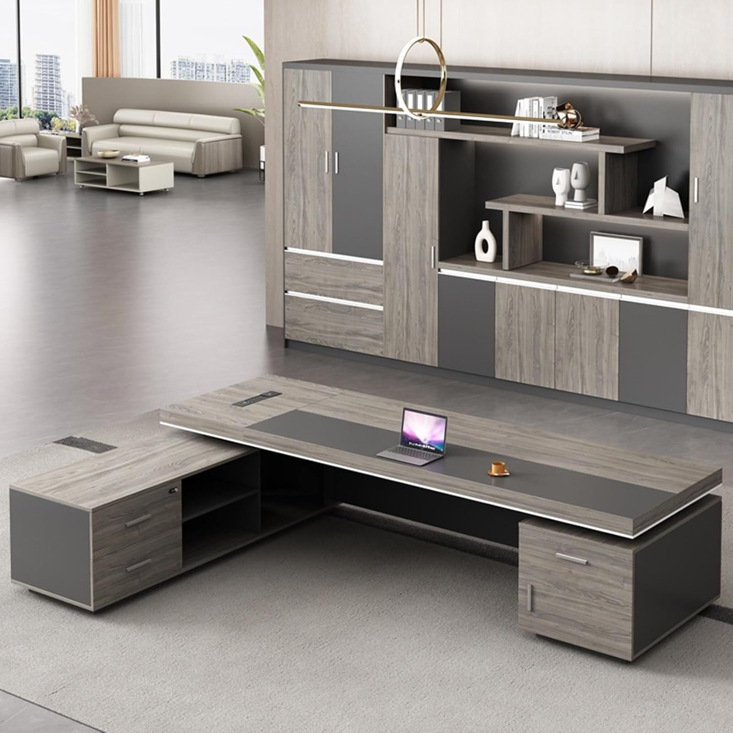 71 Inch L-Shaped Executive Desk Brown Large Wood Computer Desk with Storage Cabinets Modern Home Office Table Workstation Business Furniture(87in)