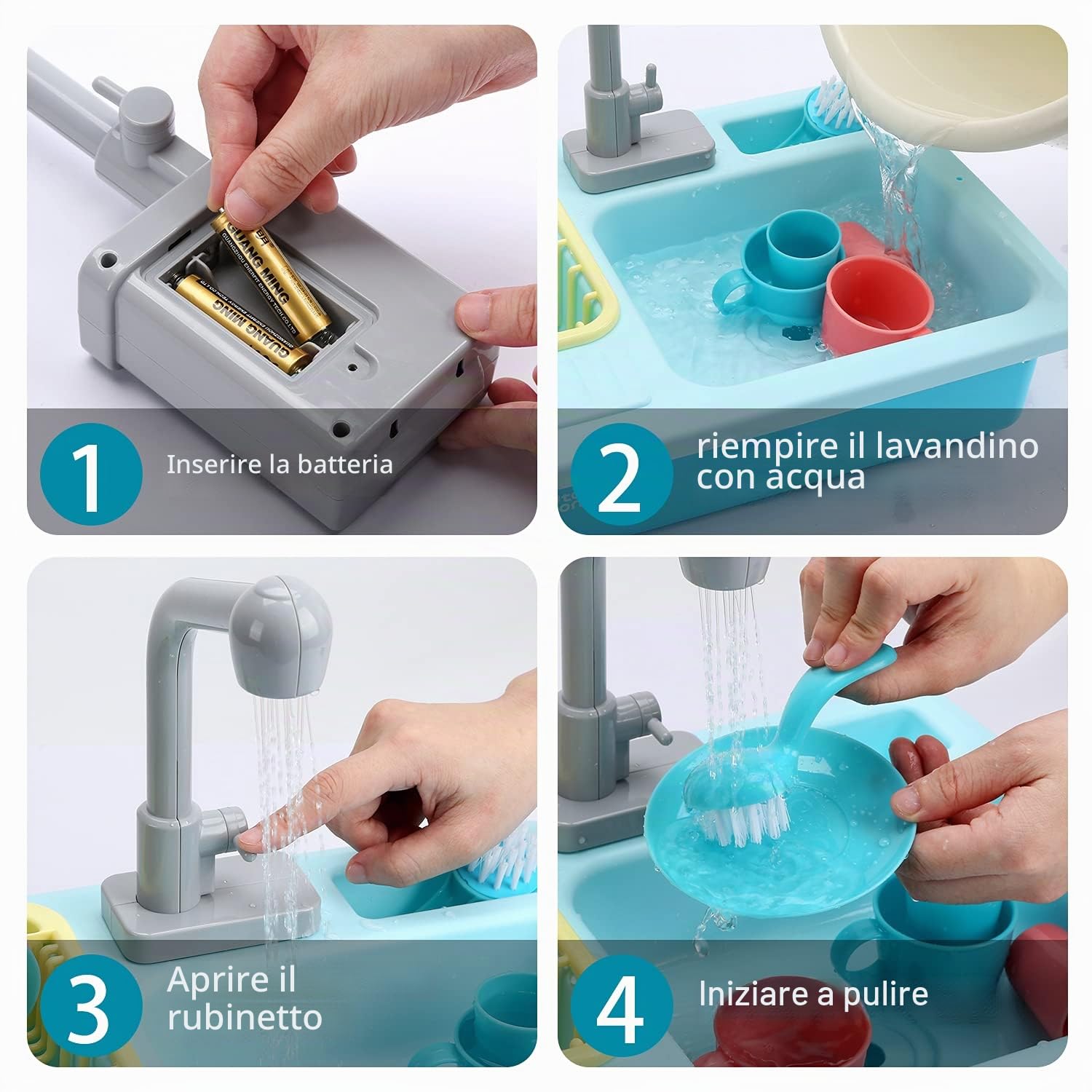 cute stone- Giocattolo - Set lavello da cucina con rubinetto dell'acqua calda che cambia colore, detersivo per i piatti, riciclo dell'acqua - per bambini dai 3 anni in su - Blu