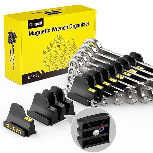 Oligeti 50pcs Magnetic Wrench Organizer Set for Metal Tool Box,Modular Wrench Holder with Metric&SAE Labels