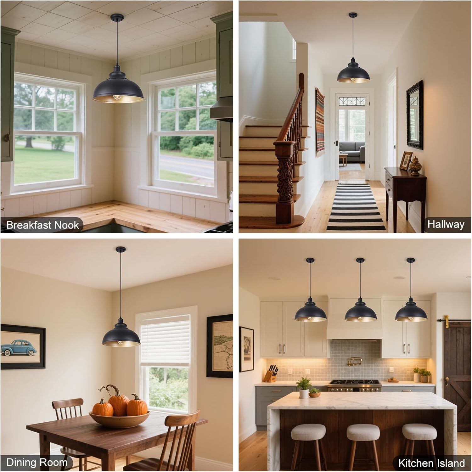 GOALPLUS 15 1/2in Large Dome Barn Pendant Light for Farmhouse, Black Ceiling Mounted Lighting with Brass Interior for Kitchen, Indoor and Outdoor Hanging Light Fixture with Ajustable Cord 15.5" Dome x 1