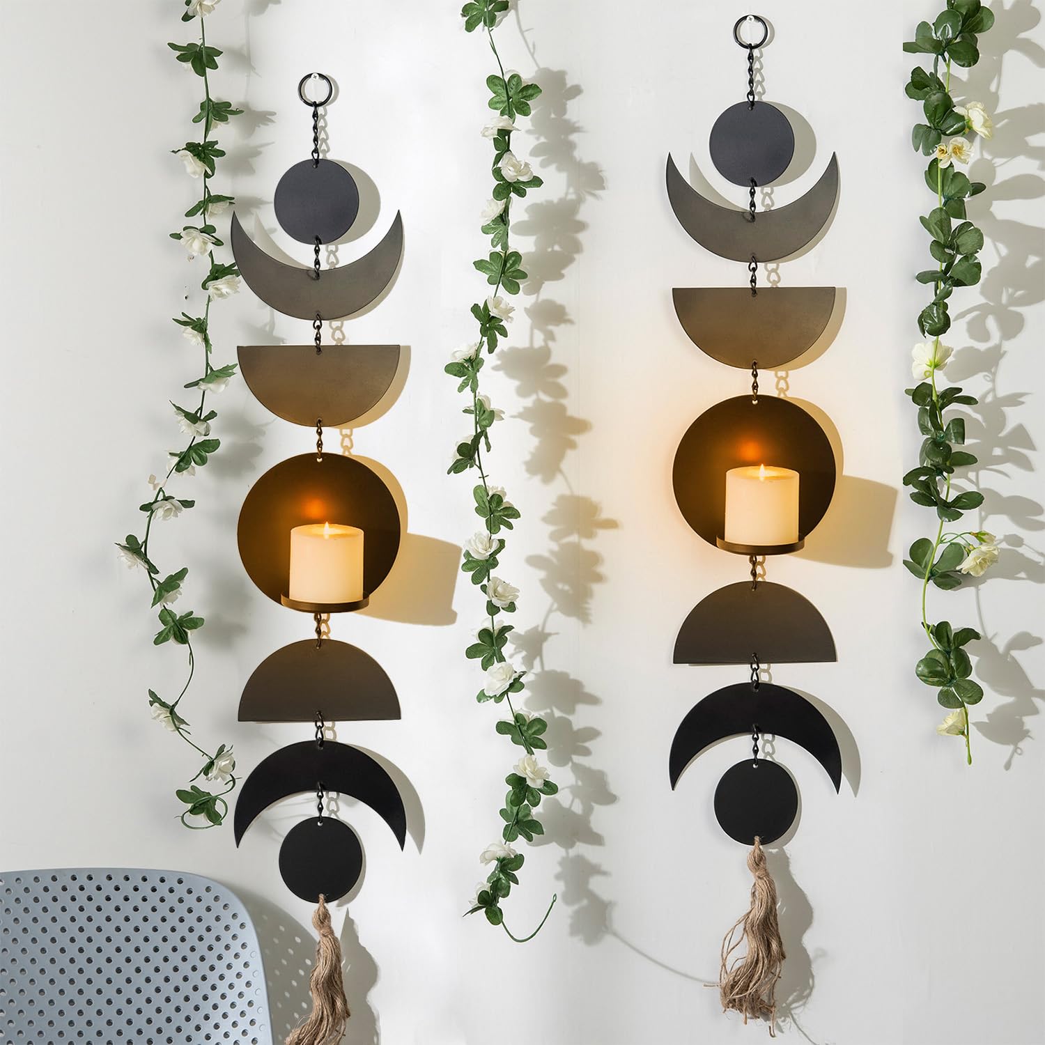 Wandhalter für Kerzen, Schwarz Metall Wandkerzenhalter, Kerzenständer für Wandmontage, Groß Boho Hänge Wand Kerzenhalter Deko(2er Set)