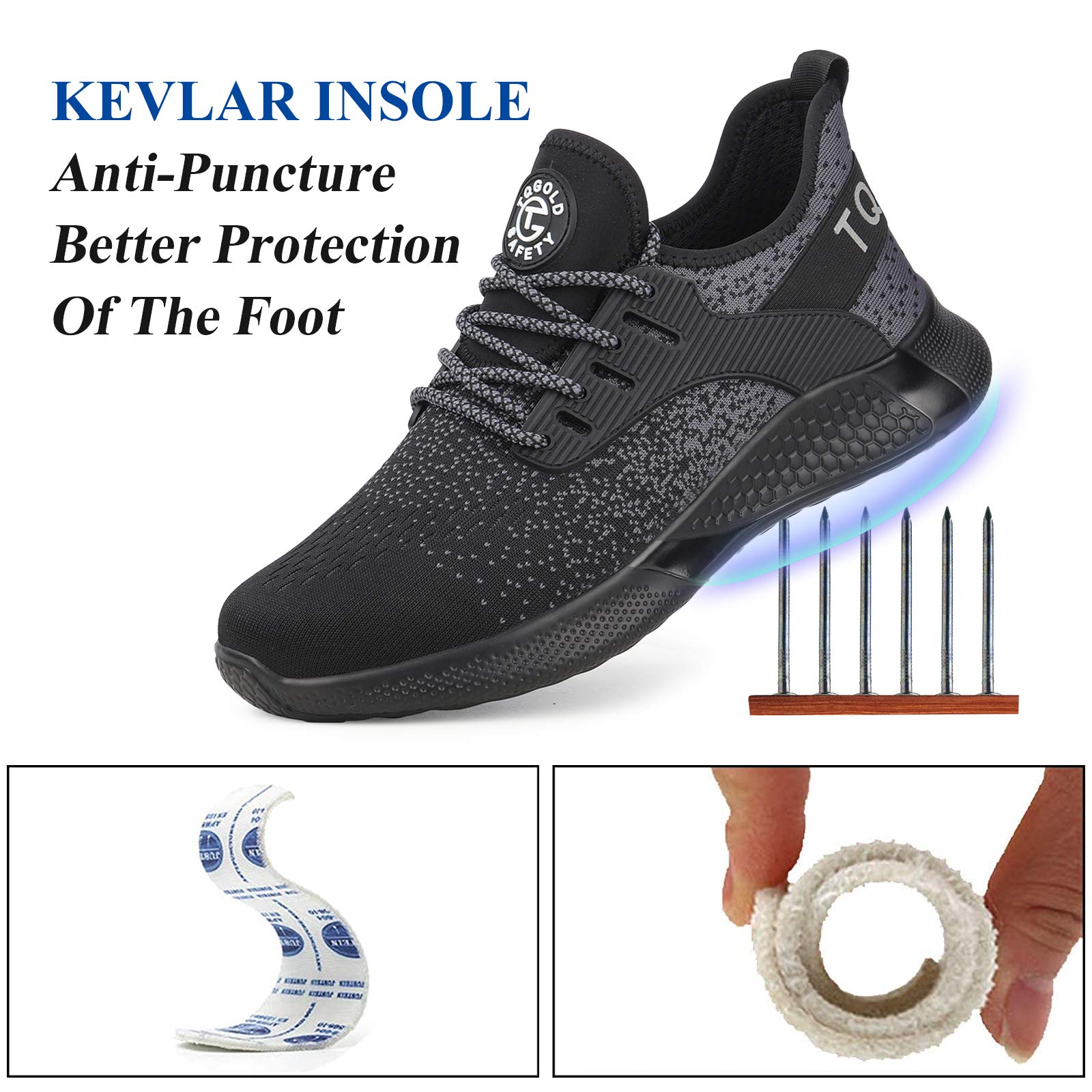 AONETIGER Buty ochronne dla mężczyzn i kobiet, lekkie buty robocze, stalowy nosek, sportowe, oddychające, antypoślizgowe, 8195 czarny, 45 EU