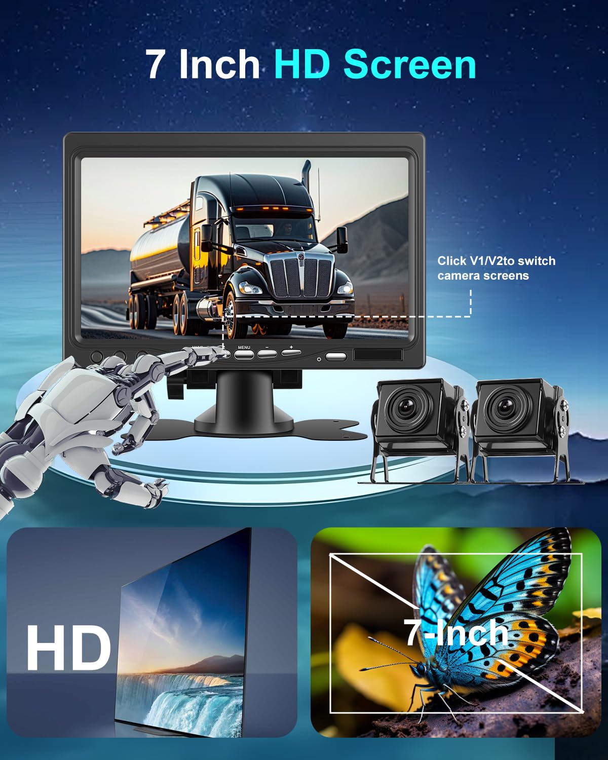 NHOPEEW Kit Telecamera di Backup con Monitor da 7 pollici - Telecamera di backup 1080P Supporto IP69 impermeabile/Super visione notturna - Kit monitor per camion/autobus/rimorchi/camper