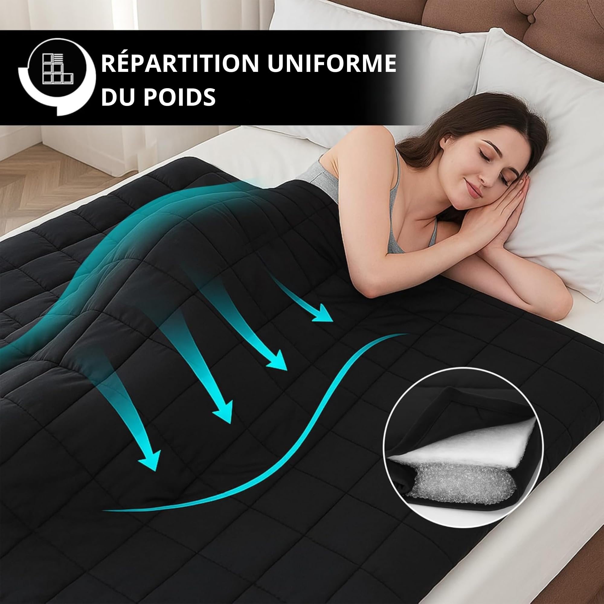 Vonia Couverture Lestée 7kg - Couette Lestée Adulte pour Lit 1 Personne | Plaid Lesté 150x200 cm Anti-Stress et Relaxation | Grosse Couverture Lourde en Polyester Respirant, Noir