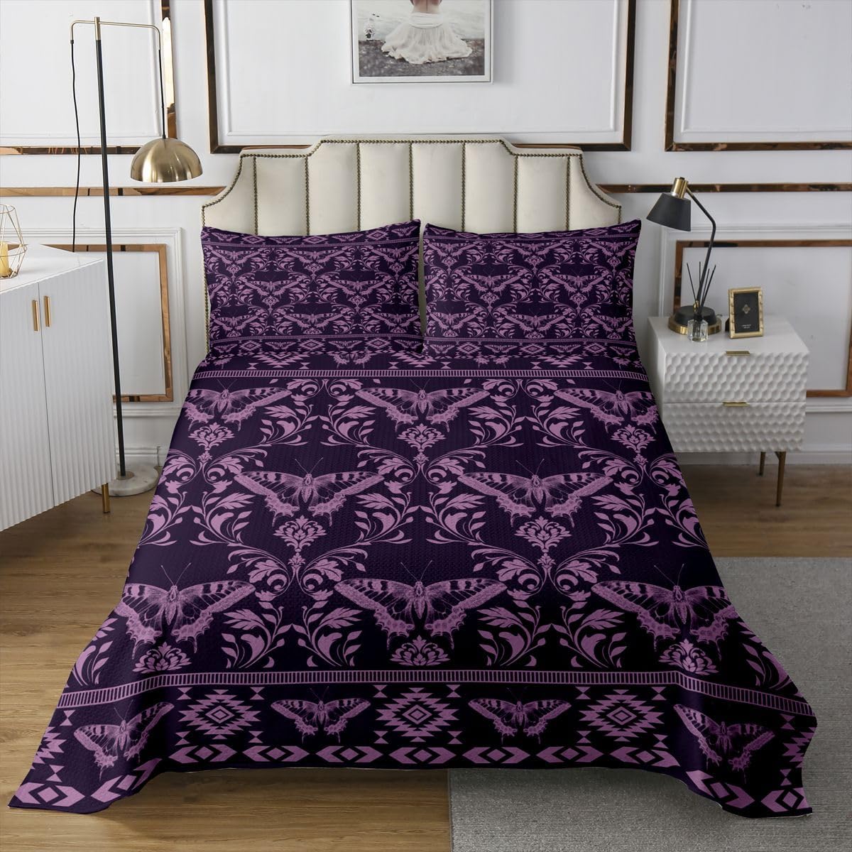 Erosebridal Rustic Butterfly Quilt Set Goth Witchy Damask Queen Bedspread Set Spooky Aztec Coverlet Sets Retro Floral Scroll Baroque Victorian Quilted,Purple Dark Academia Decor