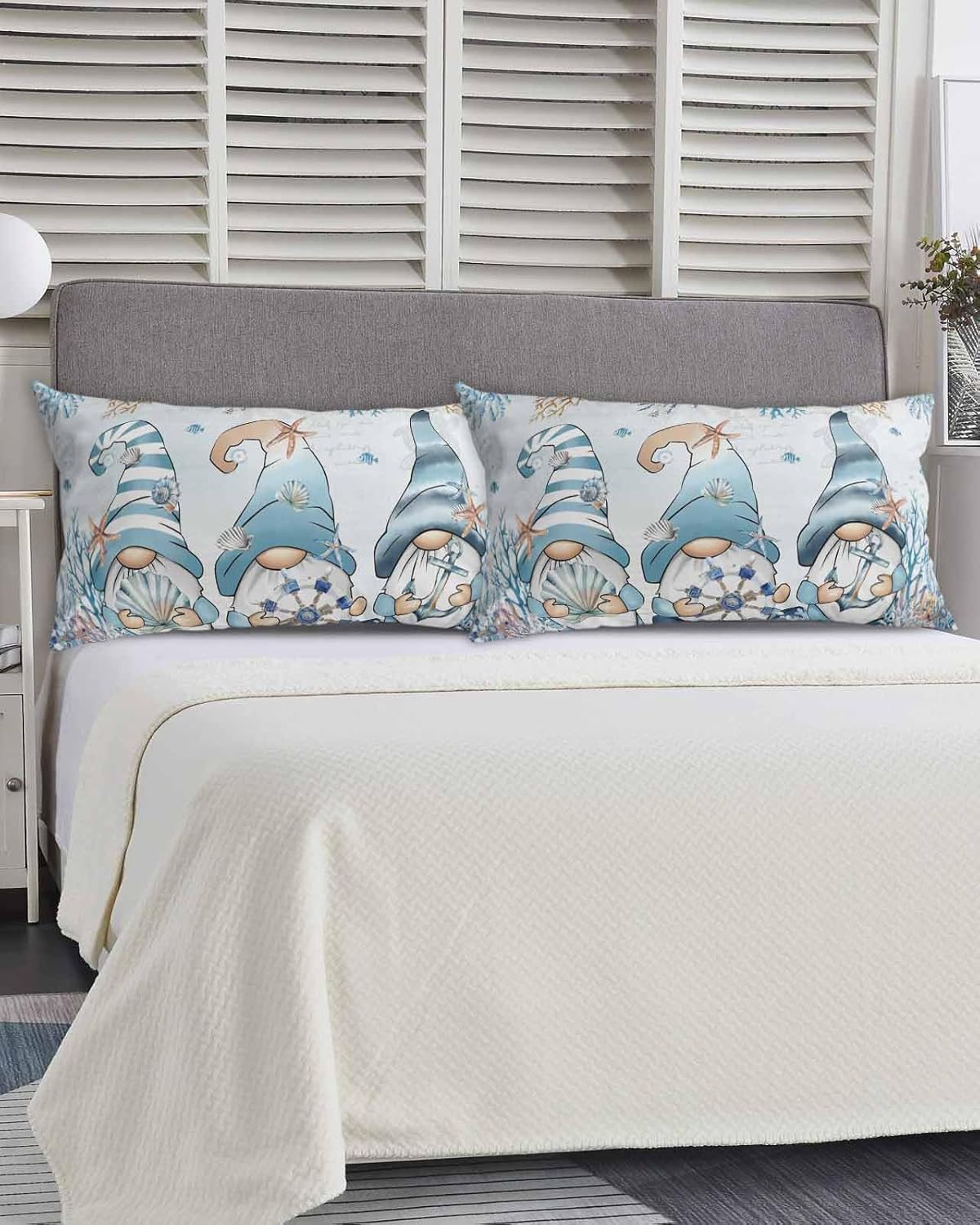 DecorLovee Coastal Gnomes California King Pillow Case - Microfiber Bed Throw Pillow Covers, Nautical Beach Starfish Coral Blue Decorative Lumbar Pillow Cover with Envelope Closure for Sofa 20"x40"