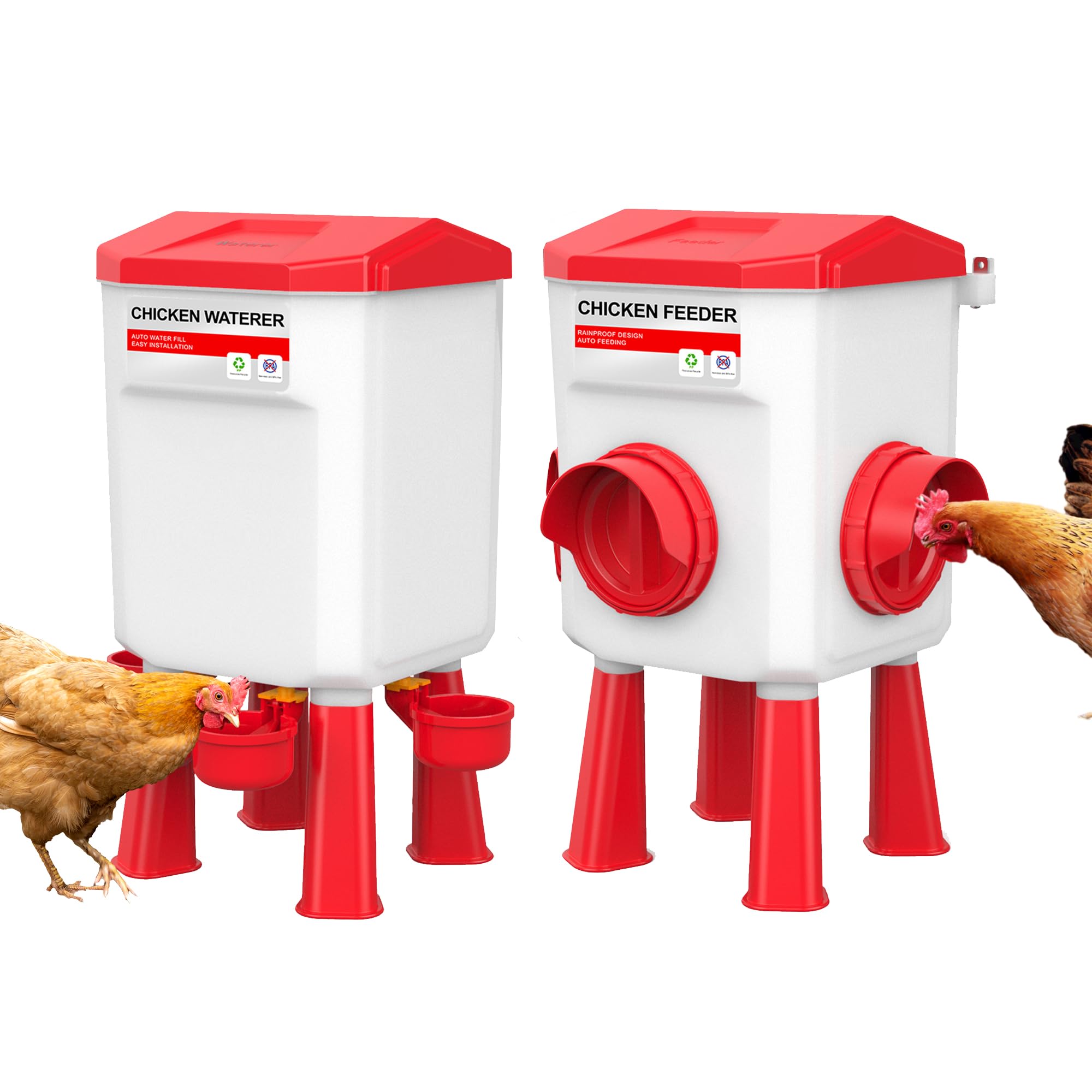 Futterautomat Hühner und Hühnertränke,12 kg/11 L | Wassertränke Hühner mit 4 Bechern und 3 Futteröffnungen,Geflügeltränke für Hennen Enten Geflügel,Hühnerzubehör