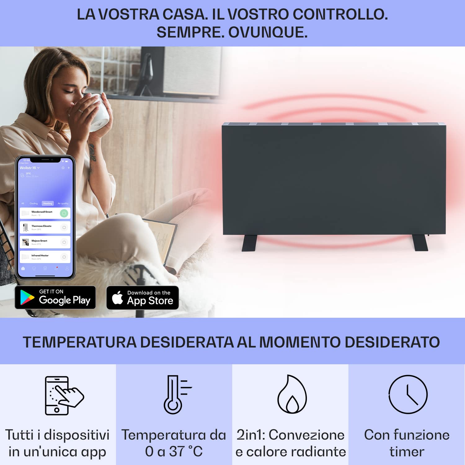 KLARSTEIN Smart Stufa Elettrica Basso Consumo, Termoconvettore a Parete 750W Termosifone Elettrico, Riscaldamento Elettrico, Pannello Radiante Infrarossi, Lampada Riscaldante, WiFi/App, IP24 No CO2