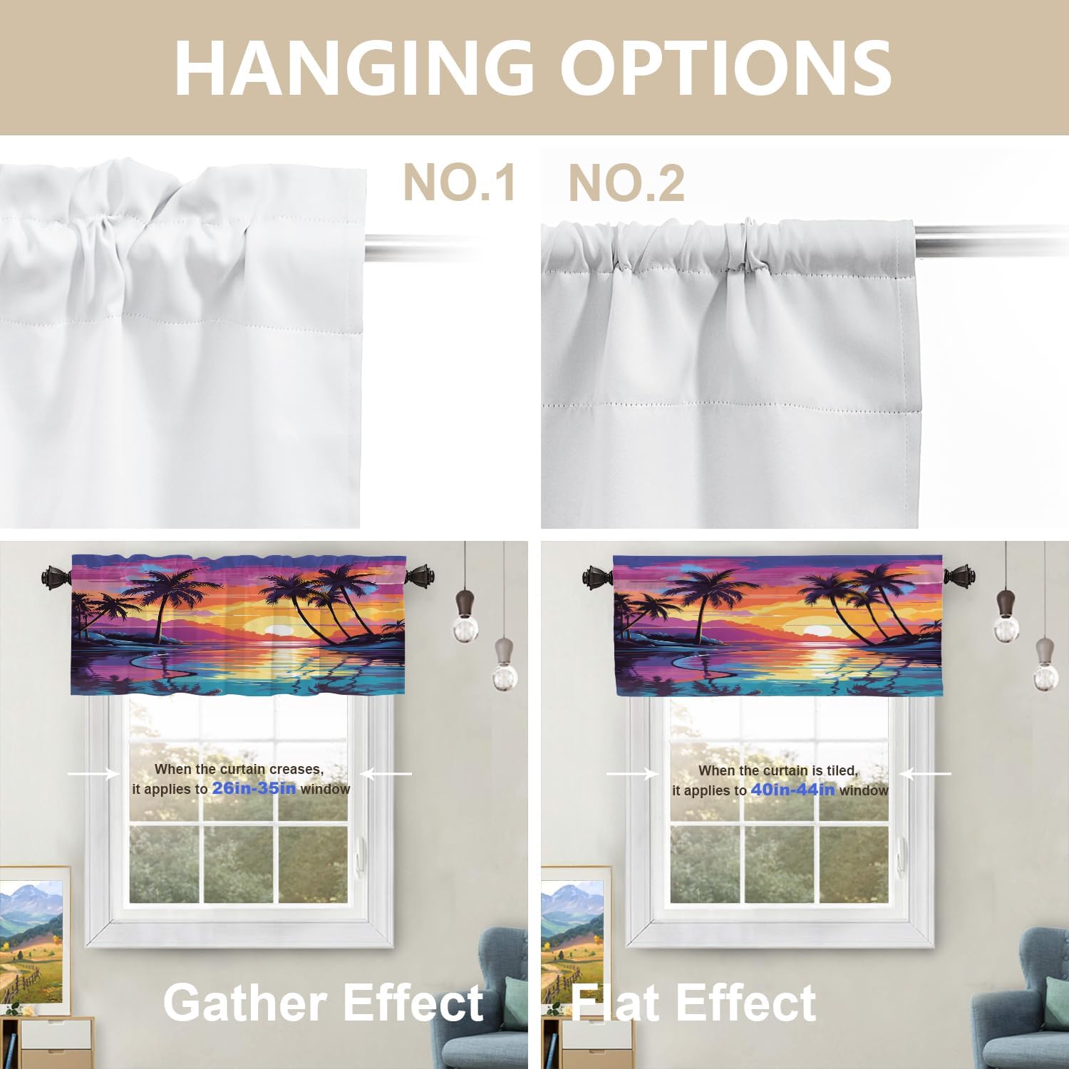 Sunset Palm Trees Blackout Kitchen Curtain, Tropical Seaside View Window Treatment Rod Pocket Light Filtering Bathroom Short Valance 2 Pack 52X16 Inches