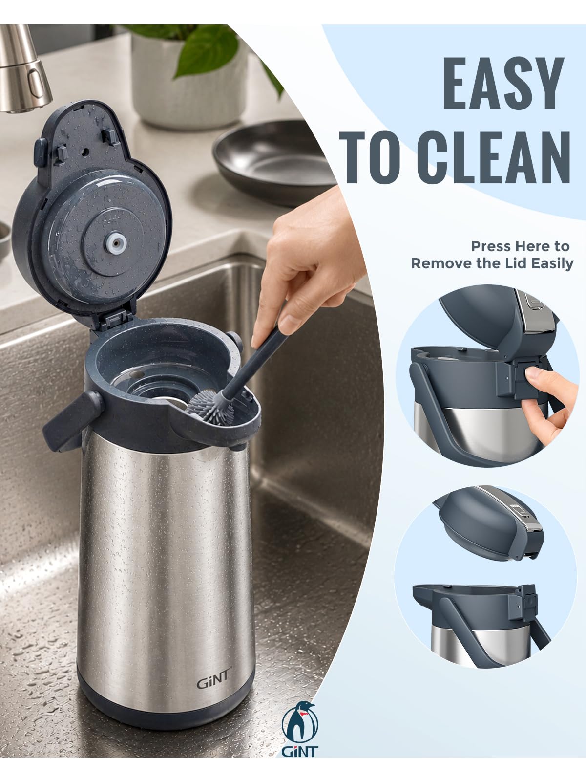 GiNT Dispensador de café Airpot de 100 onzas con bomba, jarra de café aislada para líquidos calientes, dispensador de bomba de acero inoxidable aislado al vacío para bebidas calientes/frías (3 L)