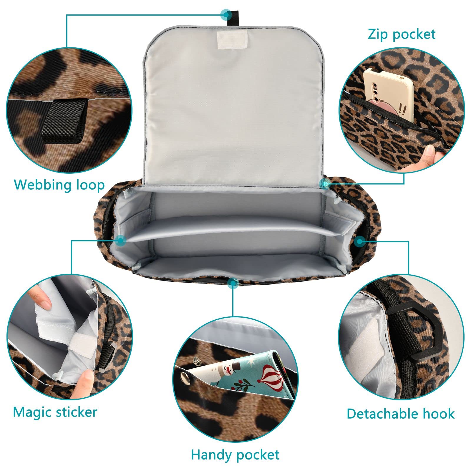 Borsa organizer per passeggino, motivo leopardato, universale, con 2 portabevande, cinghie regolabili, adatta per bottiglie, marrone, moderno