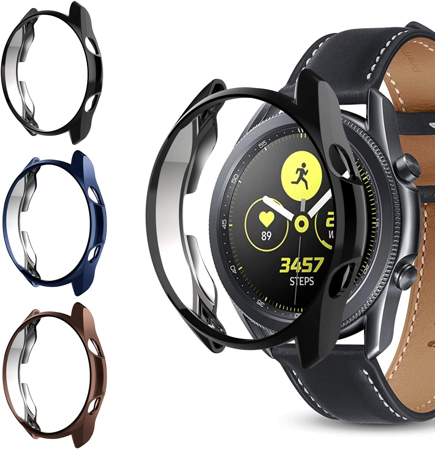 Case Screen Protector Compatible Samsung Galaxy Watch 3 45mm, NAHAI 3 Packs TPU Ultra-Slim Plated Shock-Proof Around Cover Protective Bumper Shell for Galaxy Watch 3 45mm (Black/Coffee/Deep Navy)