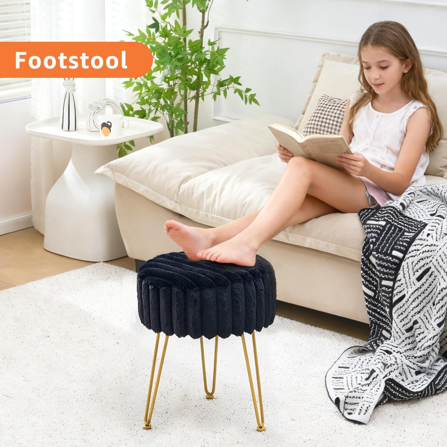 Vanity Stool,Faux Fur Ottoman Foot Stool, Dressing Table Seat with Metal Leg Vanity Chair for Bedroom, Living Room, Entryway, Offices