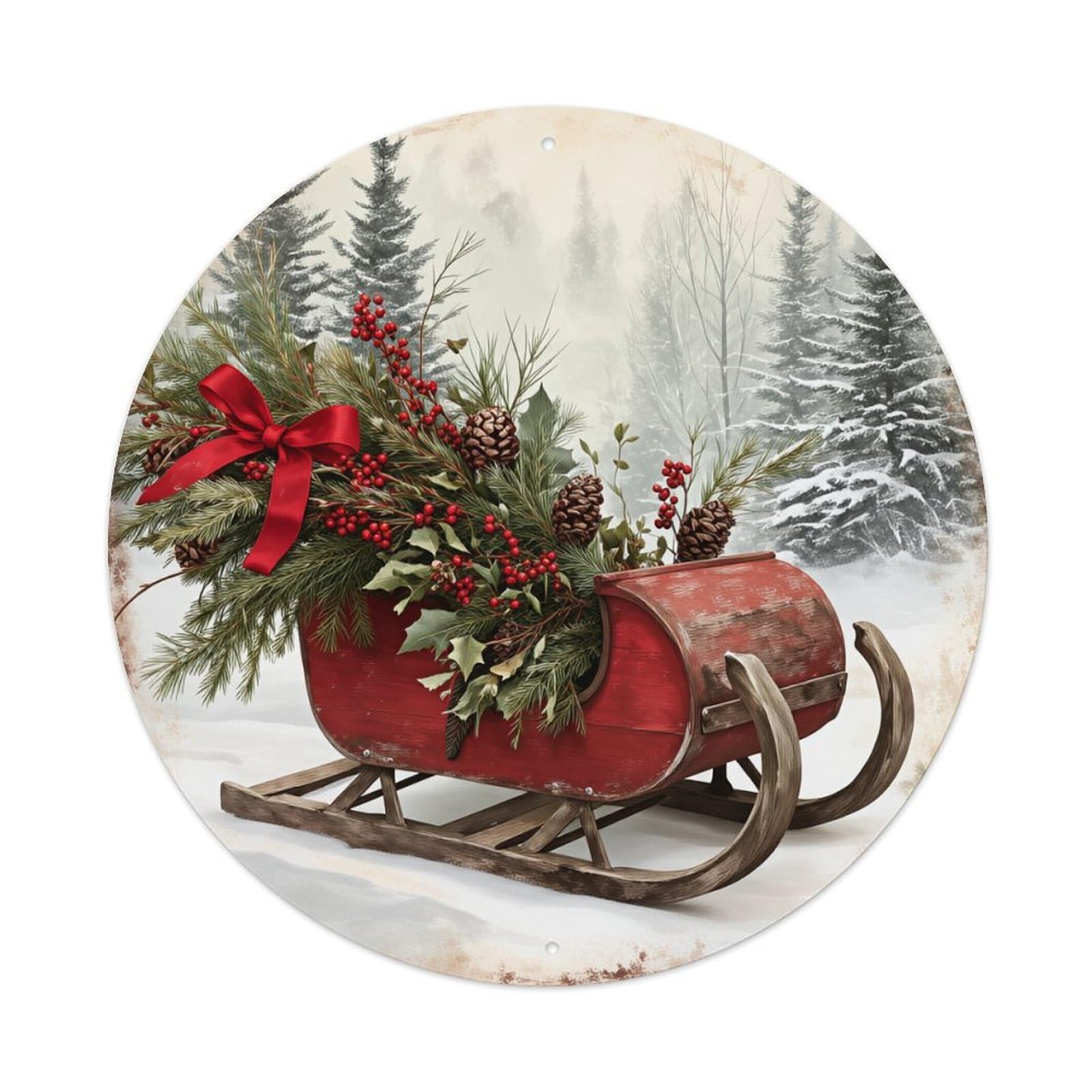 Red Sleigh Winter Pine Berry Round Tin Sign Retro Metal Sign for Cafe Bar Pub Home Game Room Gym Club Wall Decoration Vintage Metal Poster 8x8 Inch