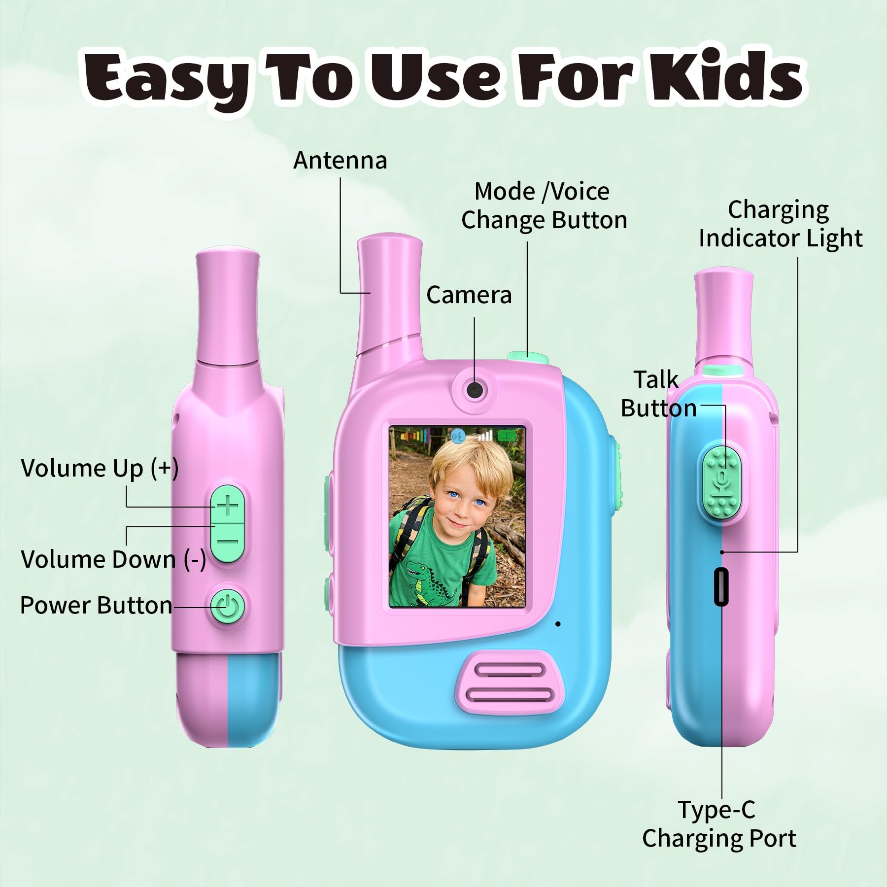 Video Walkie Talkies for Kids 2 Pack,Toys Gifts for 3-12 Year Old Boys Girls,Rechargeable Kids Walkie Talkies with 4 Changer Voice for Outdoor Games Adventure Camping(Pink&Green) - Image 4