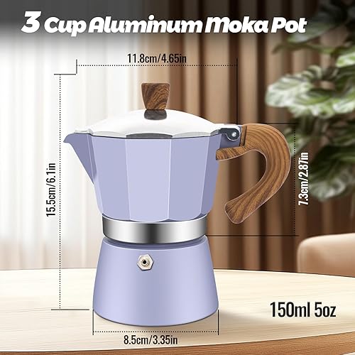 Miniatura 2 de 3 tazas de aluminio Moka Pot Purple Classic Stovetop Espresso Coffee Maker 5.1 fl oz 5oz Cafetera Percolador Mocha Pot Greca Cafetera para Café