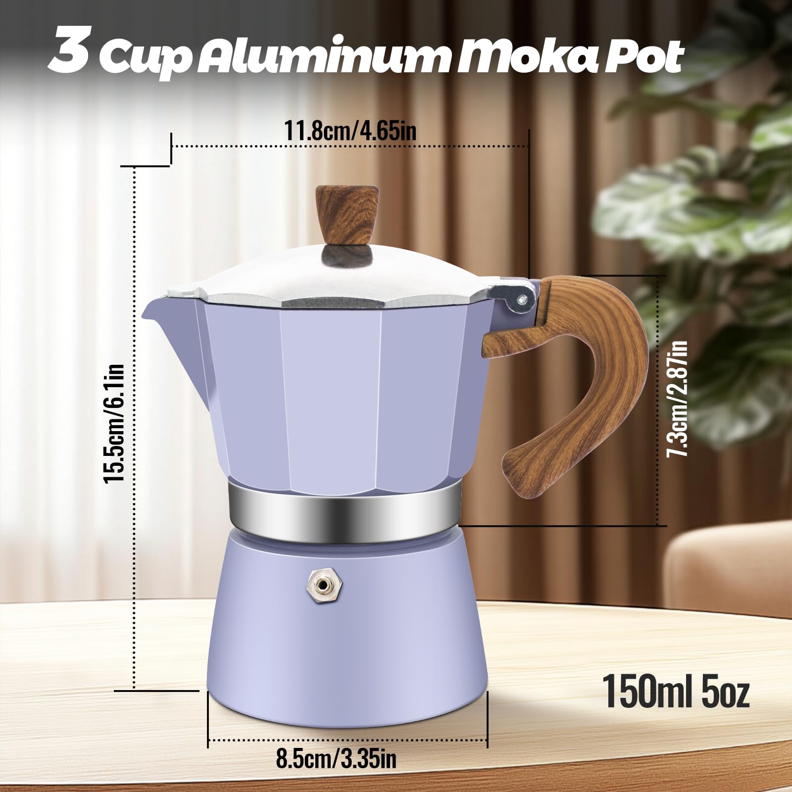 Cafetera moca clásica de aluminio para 3 tazas, 150 ml, cafetera, percoladora, cafetera Mocha Express, cafeteras preferidas para café italiano y cubano, color morado