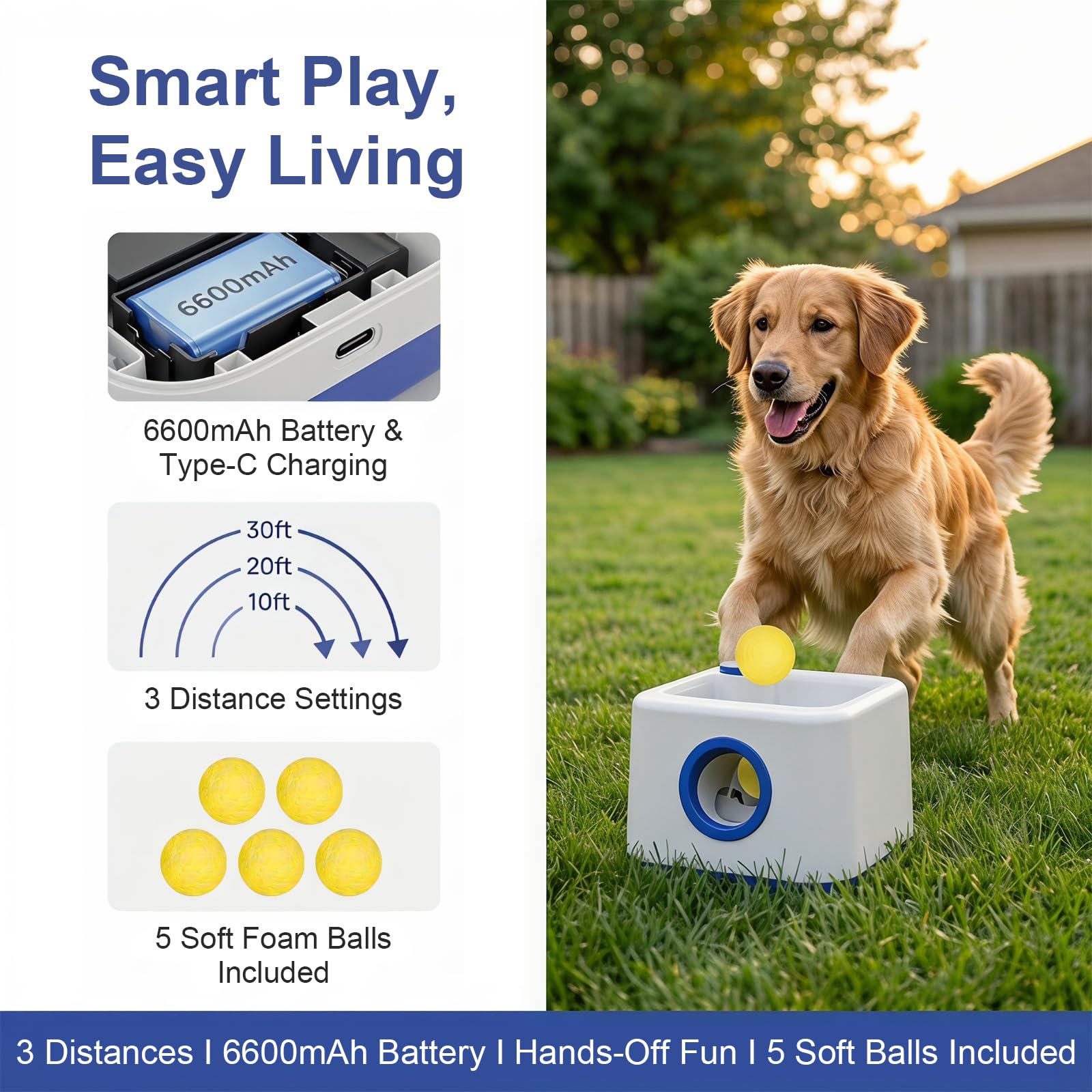 JIANAYANA Lanceur de balles automatique pour chien, jouet interactif double mode automatique et manuel, 4 distances réglables avec 5 balles ETPU, balle anti-carte pour intérieur et extérieur toutes