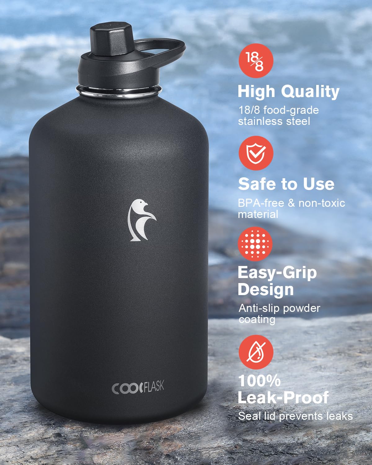 Coolflask Isolierte Wasserflasche mit PU-Lederhülle, 3,6 l, Farbkontrast mit Strohhalm-Deckeln, großer Edelstahl-Krug, hält kalt 48 Stunden heiß 24 Stunden, Polarschwarz