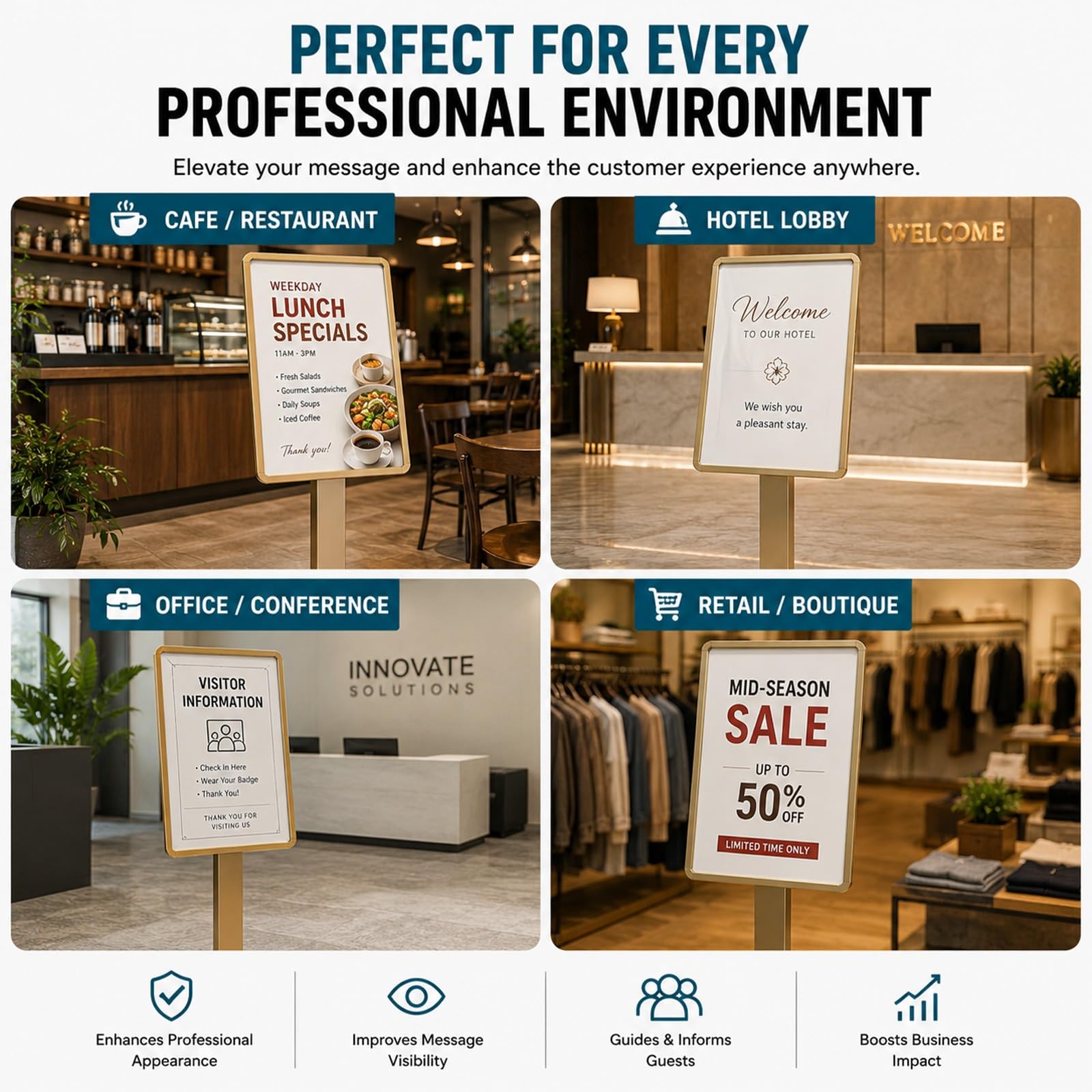 Espositor Comercial Moderno, Porta Cartel de Pie con Pelicula Protectora Transparente, Marco Menu Reversible para Publicidad e Indicador Direccion(Black,50x70)