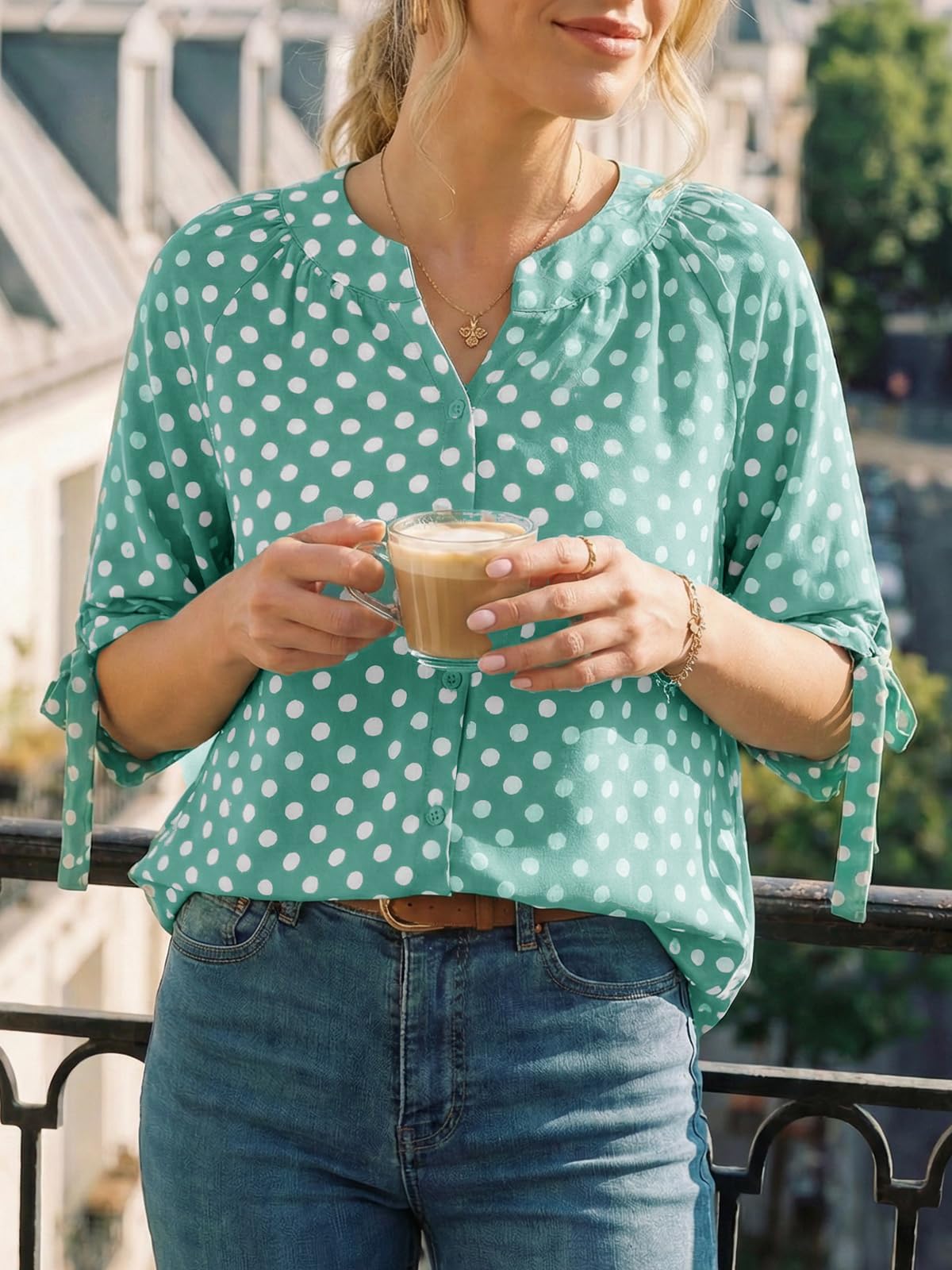 Cicy Bell Haut à pois pour femme - Col en V - Boutonné - Chemisier à manches mi-longues - Haut d'été décontracté