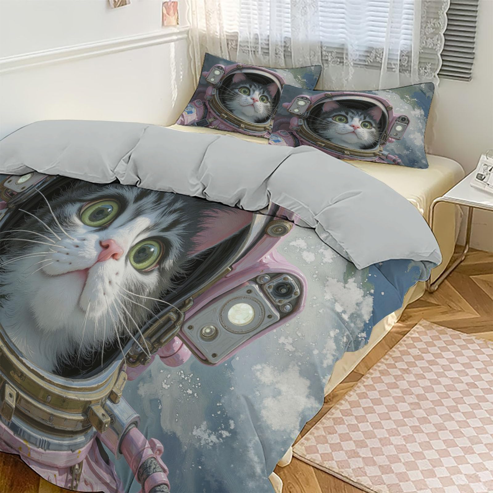 Parure de lit 240x260 chat astronaute hypoallergénique bleu poudre