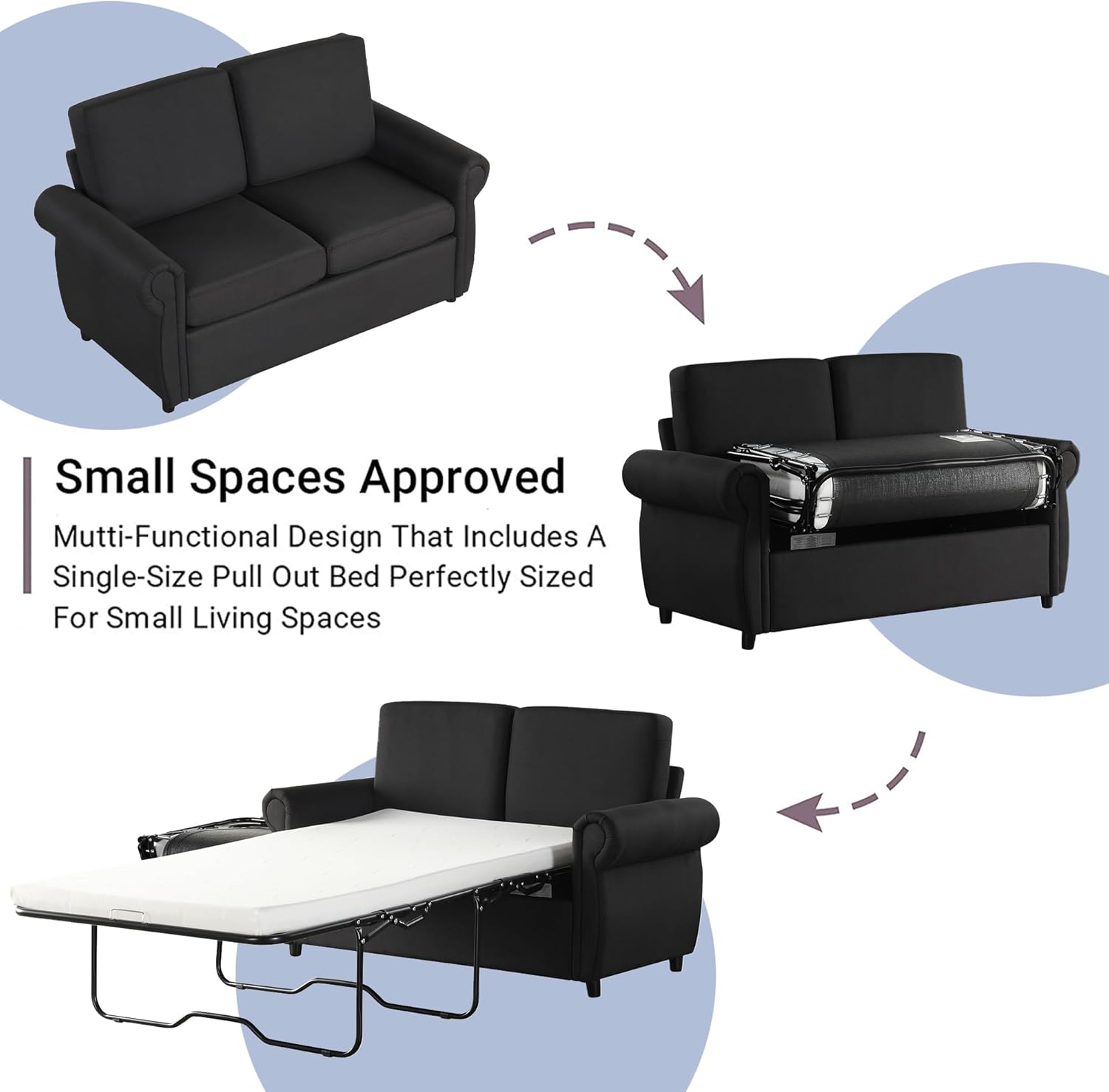 P PURLOVE Sleeper Sofa Bed, Pull Out Sofa Bed Loveseat Sleeper with Twin Size Memory Mattress, Modern Linen Couch Chairs for Living Room, Bedroom and Small Space (Black)