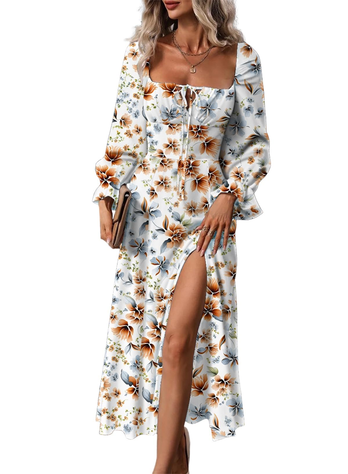 BLENCOT Womens Casual Square Neck Long Sleeve Boho Floral Midi Dress Print Side Split Dresses