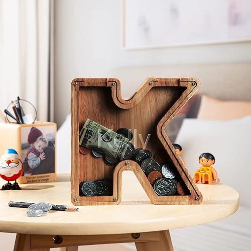 Miniatura 5 de Alcancía con nombre personalizado, 26 letras láser con texto personalizado, banco de monedas de madera, significado educativo, alcancía con nombre