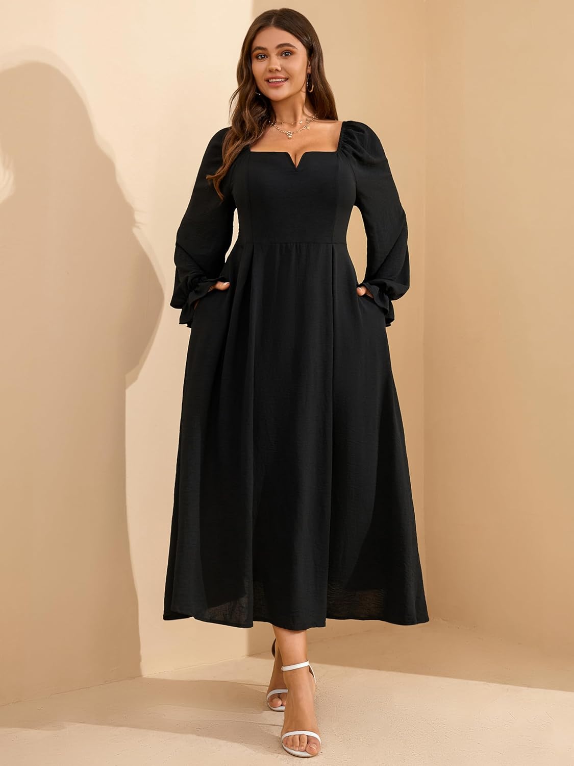 RWJ Long Sleeve Dress for Women 2025 Fall V Neck Elegant Flowy Plus Size Formal Wedding Guest Maxi Dresses with Pockets - Image 3