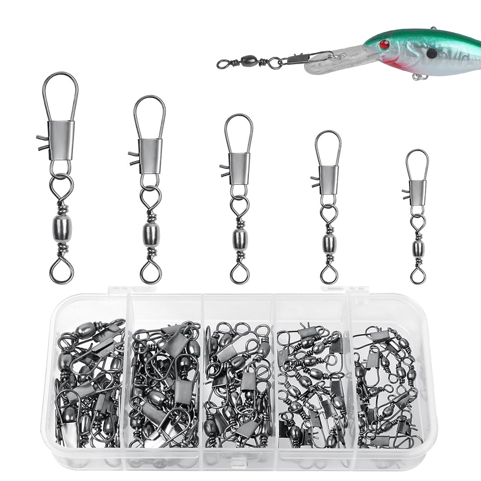 Swivels, Snap Fishing Swivels, Set of 50, Set of 5 Sizes, B-Shaped Swivel for Saltwater Fishing, Freshwater Fishing, Lure Swivels, Ball Bearing Swivels, Rust Resistant, Corrosion Resistant,