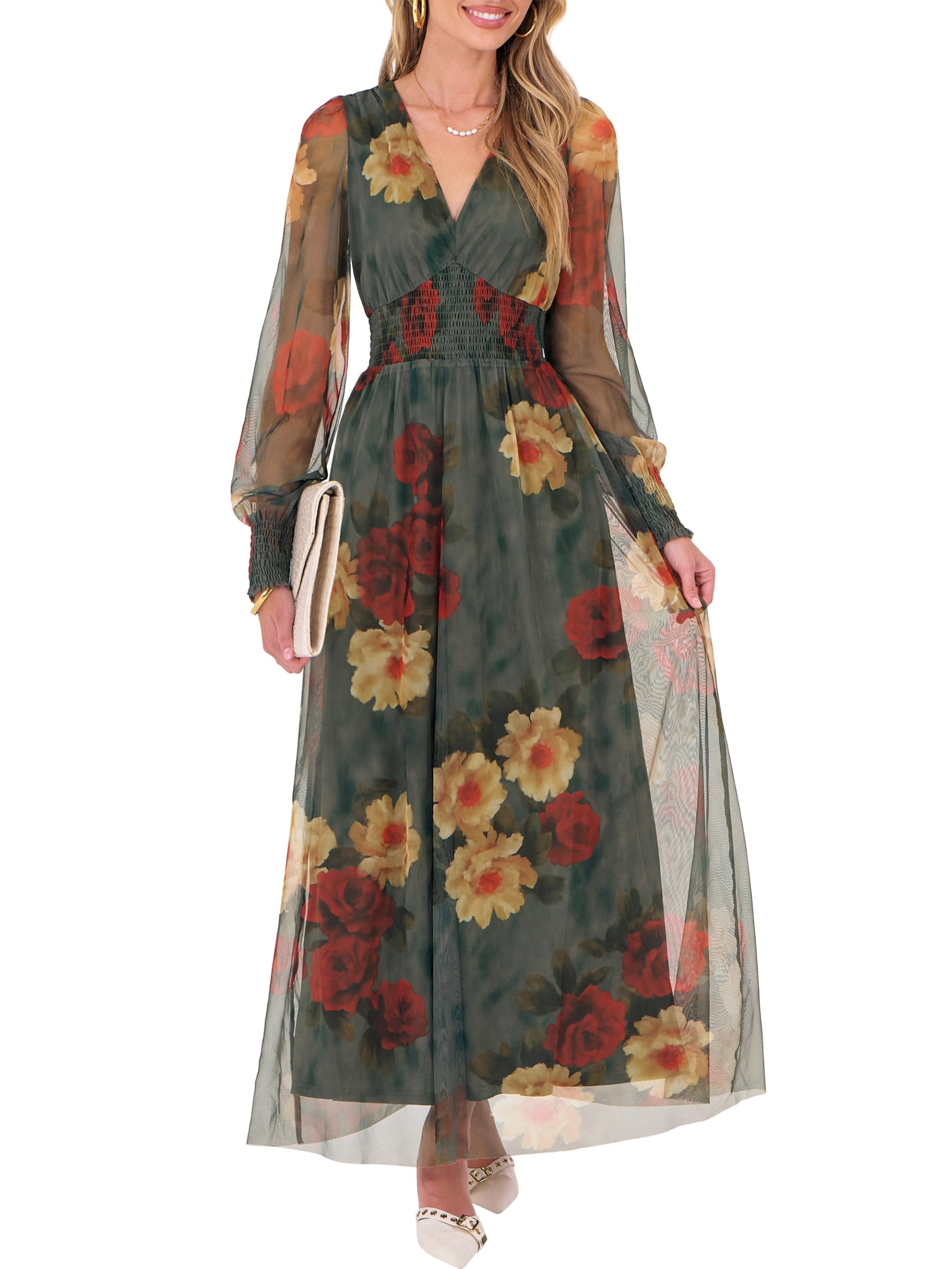 Women's Floral Maxi Dress 2025 Fall V Neck Puff Long Sleeve Flowy Casual Wedding Guest Tee Party Tulle Dresses