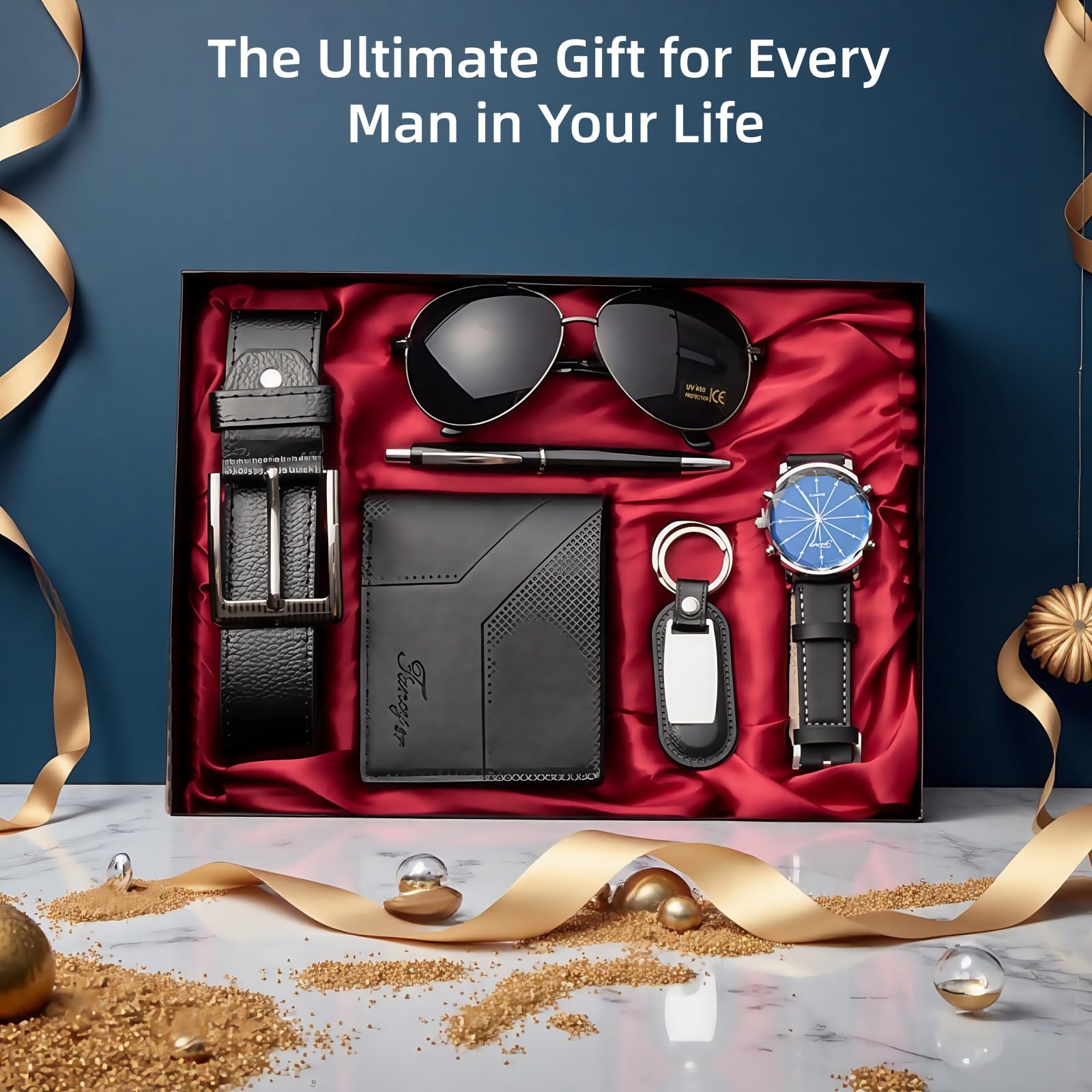 6-Pc Men's Set - Sunglasses, Wallet, Watch, Belt, Pen, Key Ring - For Father's Day, Birthday, Christmas