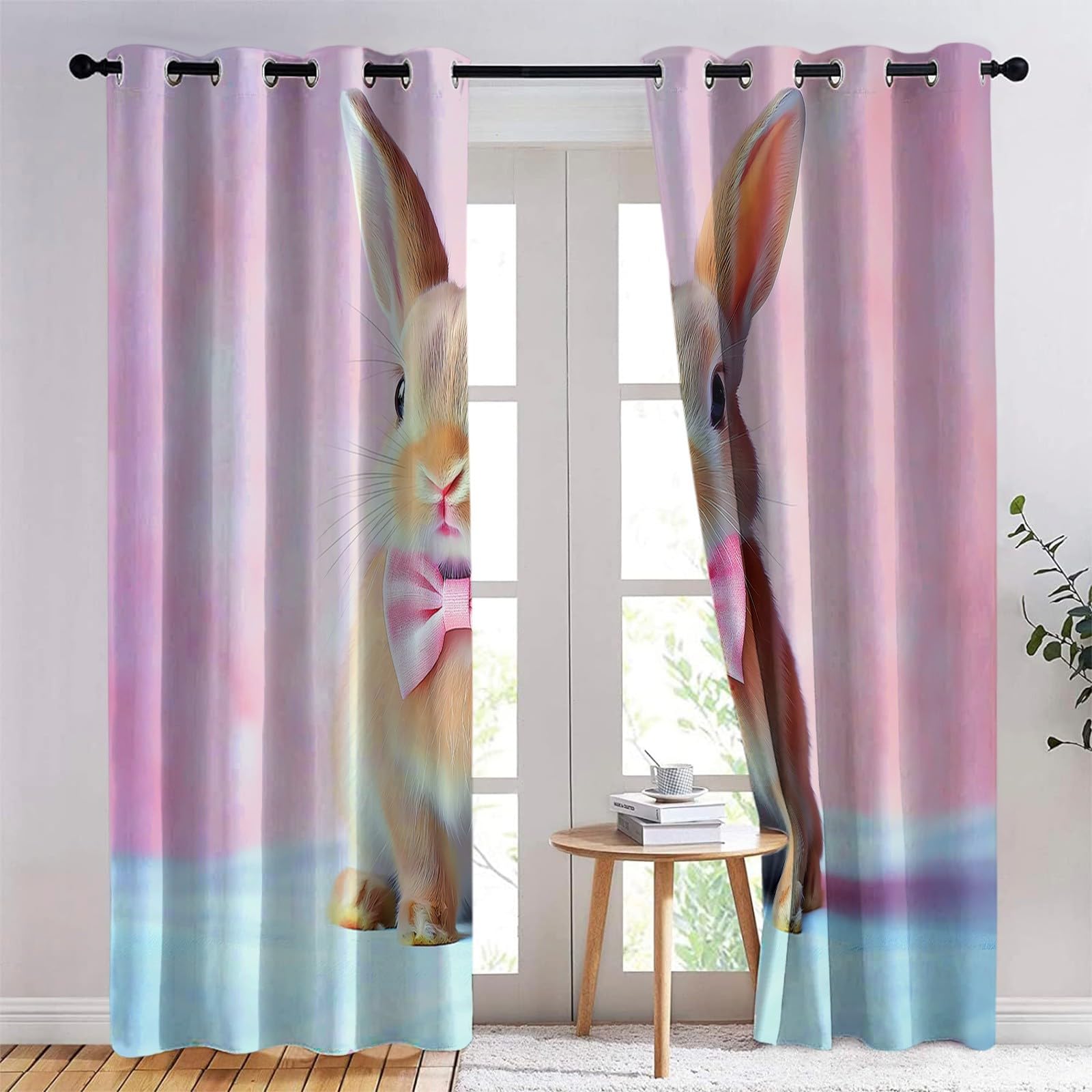 Genérico Rosa Cortinas Opacas térmicas Que bloquean la luz, Muro De Ladrillos con Conejito Y Lazo Cortinas Opacas con Ojales para Dormitorio y Sala de Estar 140 x 260 cm (2 Paneles)