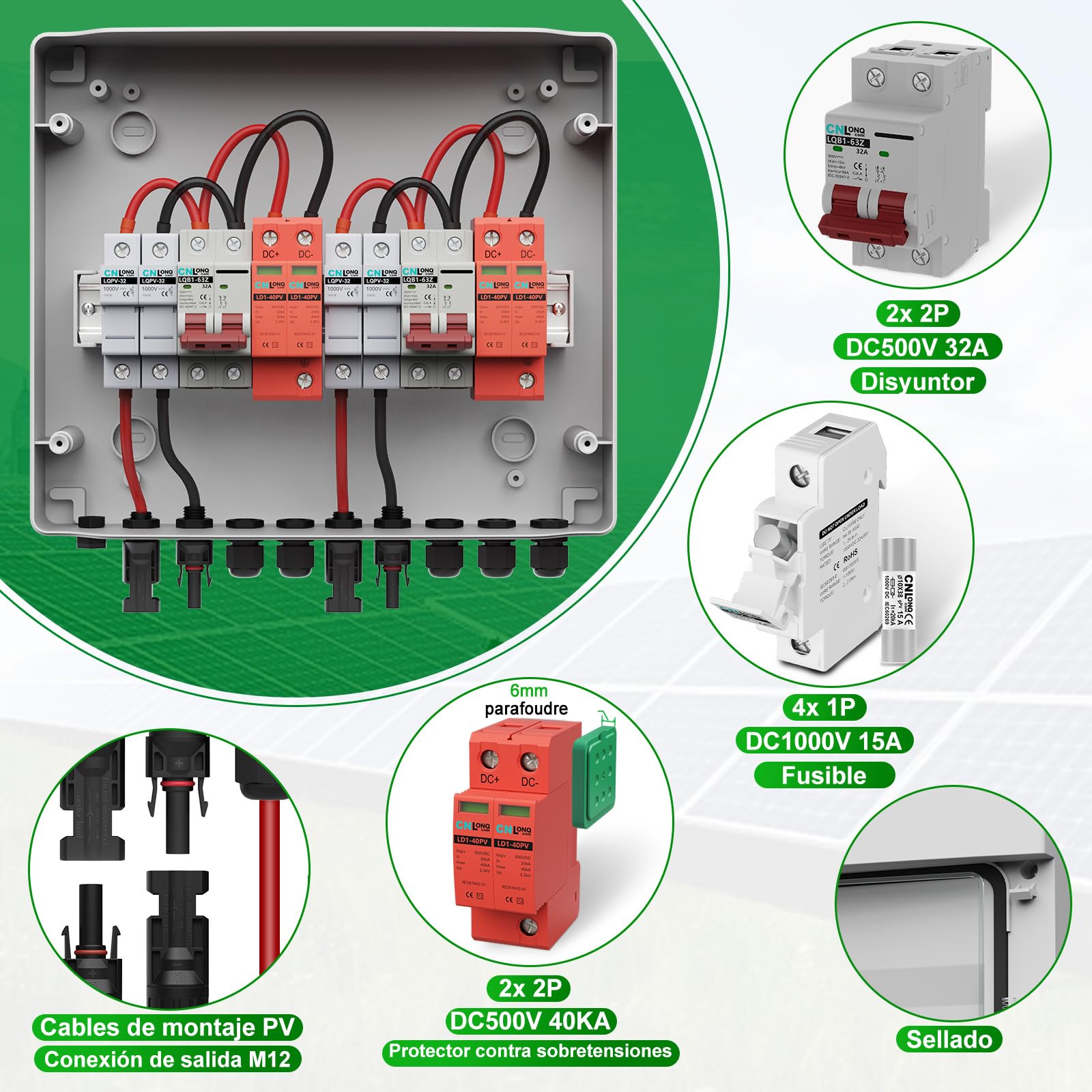 IP65 Caja Combinadora PV 2 Circuitos 2 Entradas 2 Salidas DC500V 32A Interruptor Disyuntor con Protector de Sobretensión y fusible de 15A Para Paneles Solares al Aire Libre