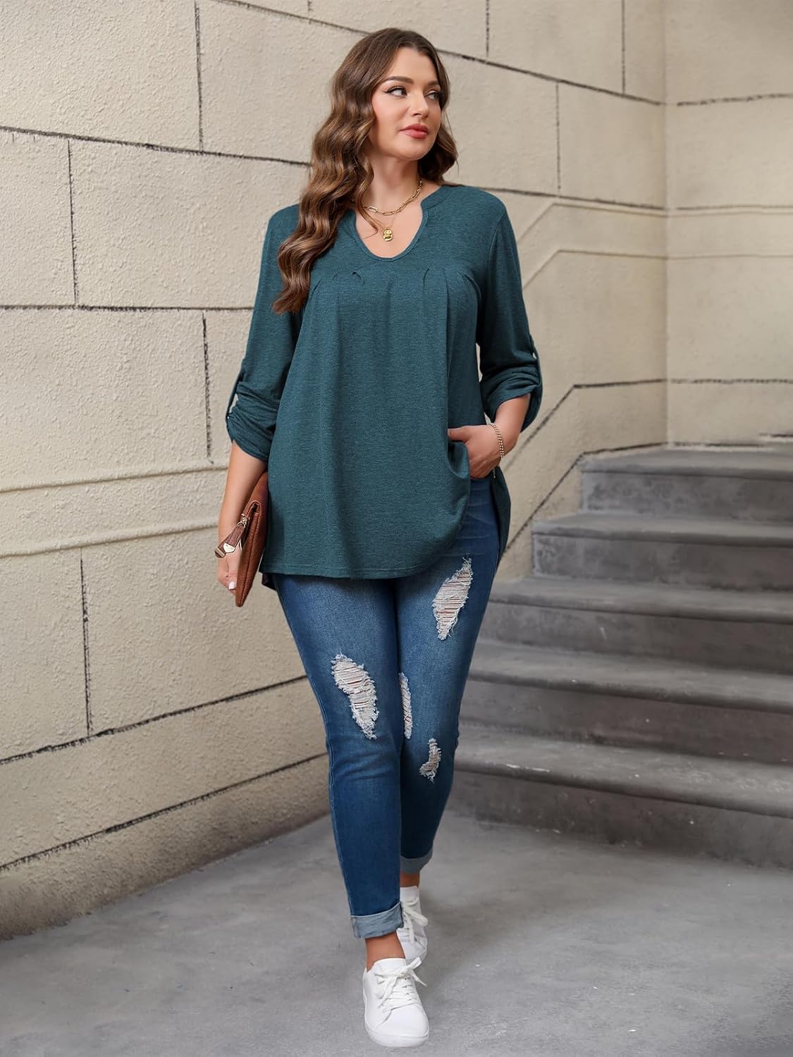 Women's Plus Size Tops V Neck Roll Up 3/4 Sleeve Tunic Pleated Casual Shirts Trendy Dressy Flowy Going Out Blouse - Image 6