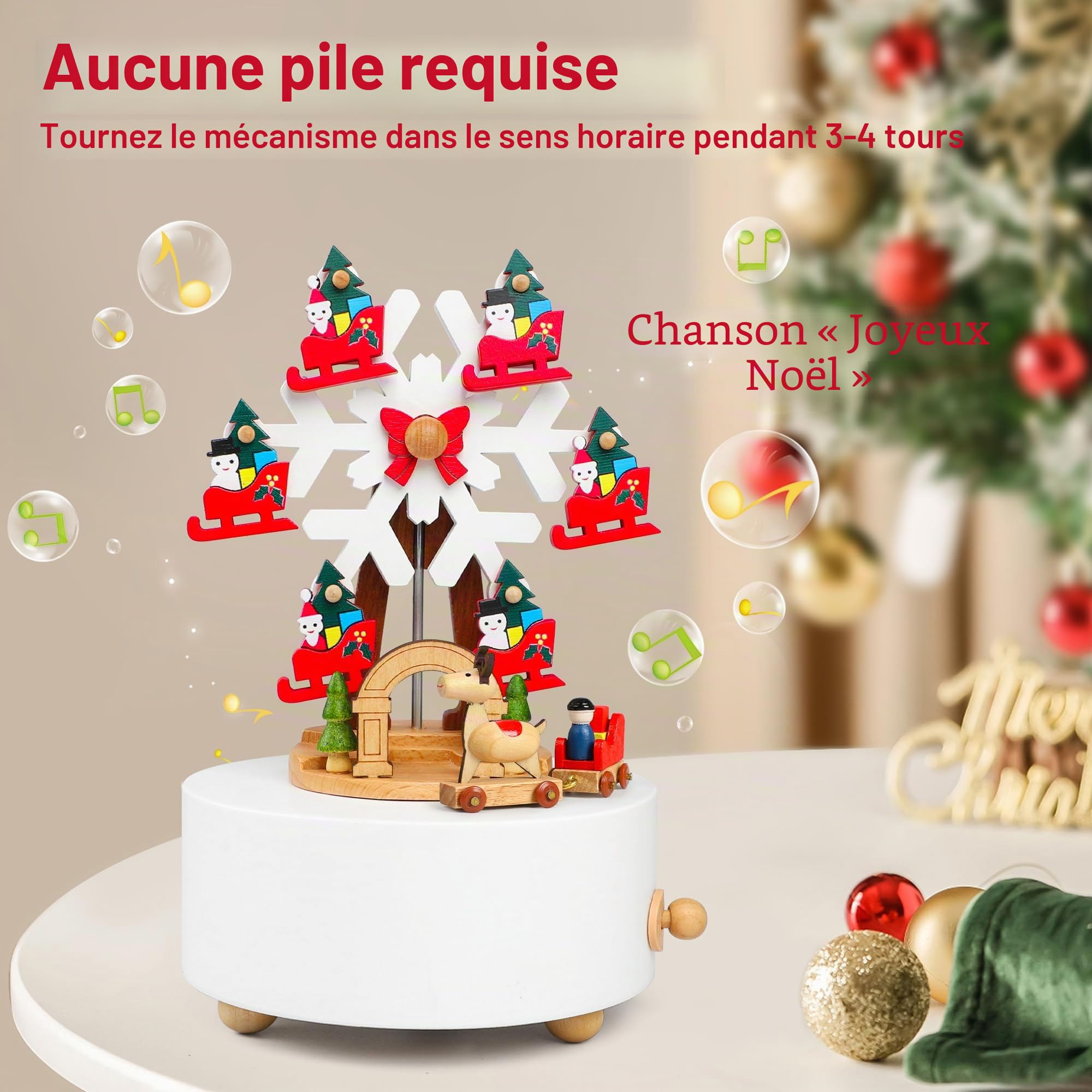 LONEEDY Boîte à musique en bois - Décoration de Noël en forme de flocon de neige - Élan personnalisé pour garçons et filles - Rotation (flocons de neige de Noël)