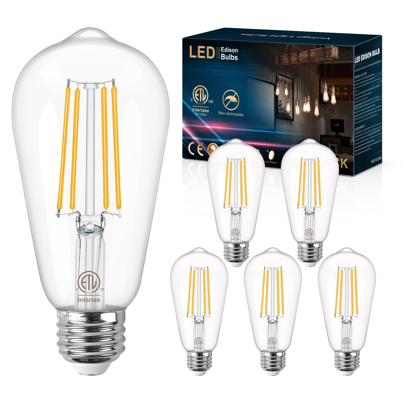 E26 Edison Bulbs 60 Watt Equivalent, 6W Vintage LED Light Bulbs, 2700K Warm White, ST58 LED Filament Bulb Medium Base, 800 Lumens, CRI 85+, Non-dimmable, Pack of 6