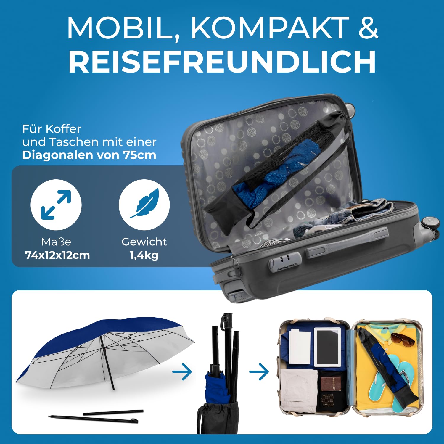 STYNGARD Niza - Sombrilla de viaje con protección UV 50+ [155 cm - Sombrilla de playa con cuerdas tensoras