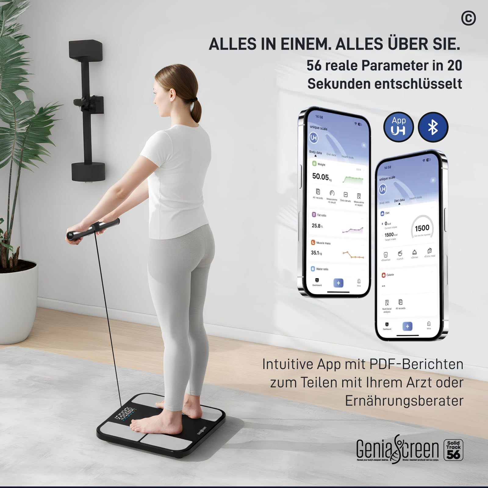 Körperfettwaage Digitale Personenwaage Smart mit 8 Elektroden 56 Messungen für Körpergewicht Gehärtetem Glas 32x30cm Tragkraft 180Kg LED-Display GeniaScreen SolidTrack - Muskelmasse Fett BMI Bluetooth