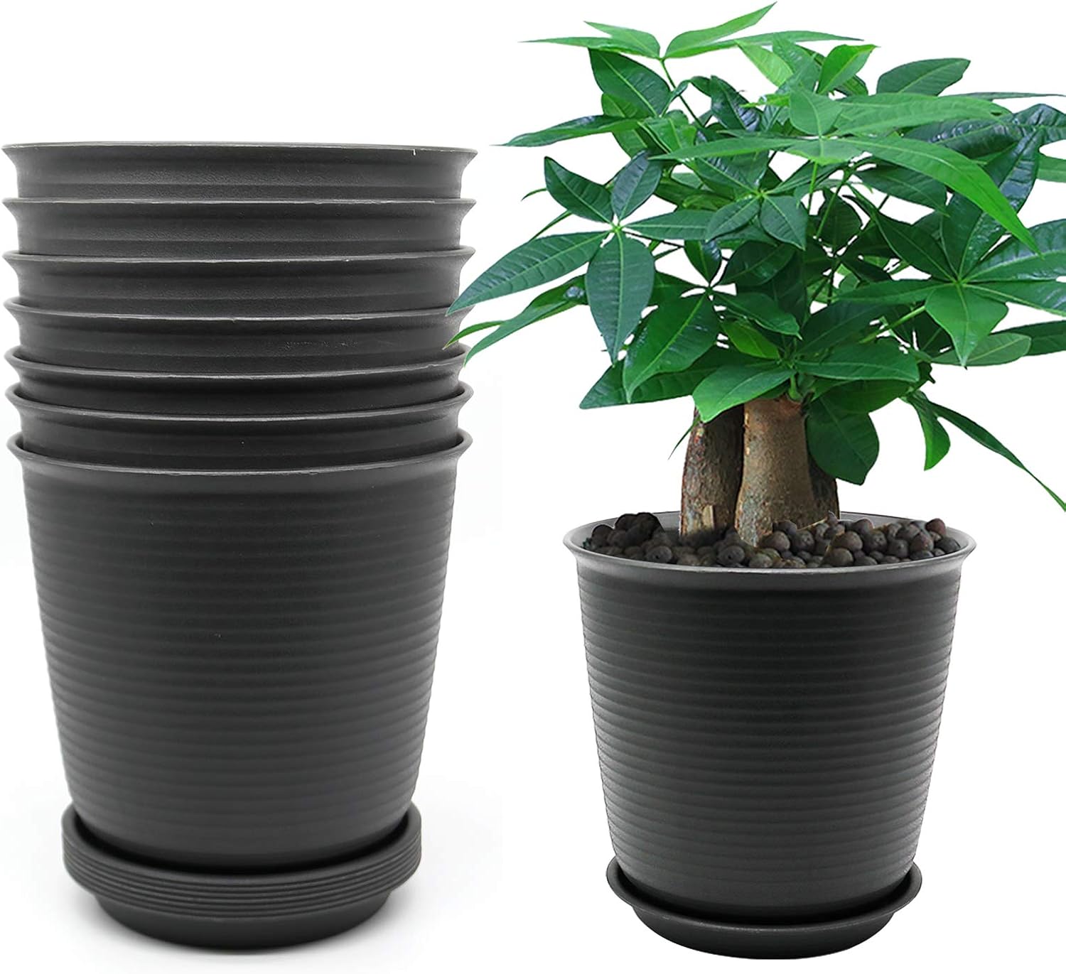 Unkno 8 Pack 8.2 Inch Flower Plant Pots, Plastic Planter with Drainage Hole and Tray, Black Grey, Plants Not Included (Tall)