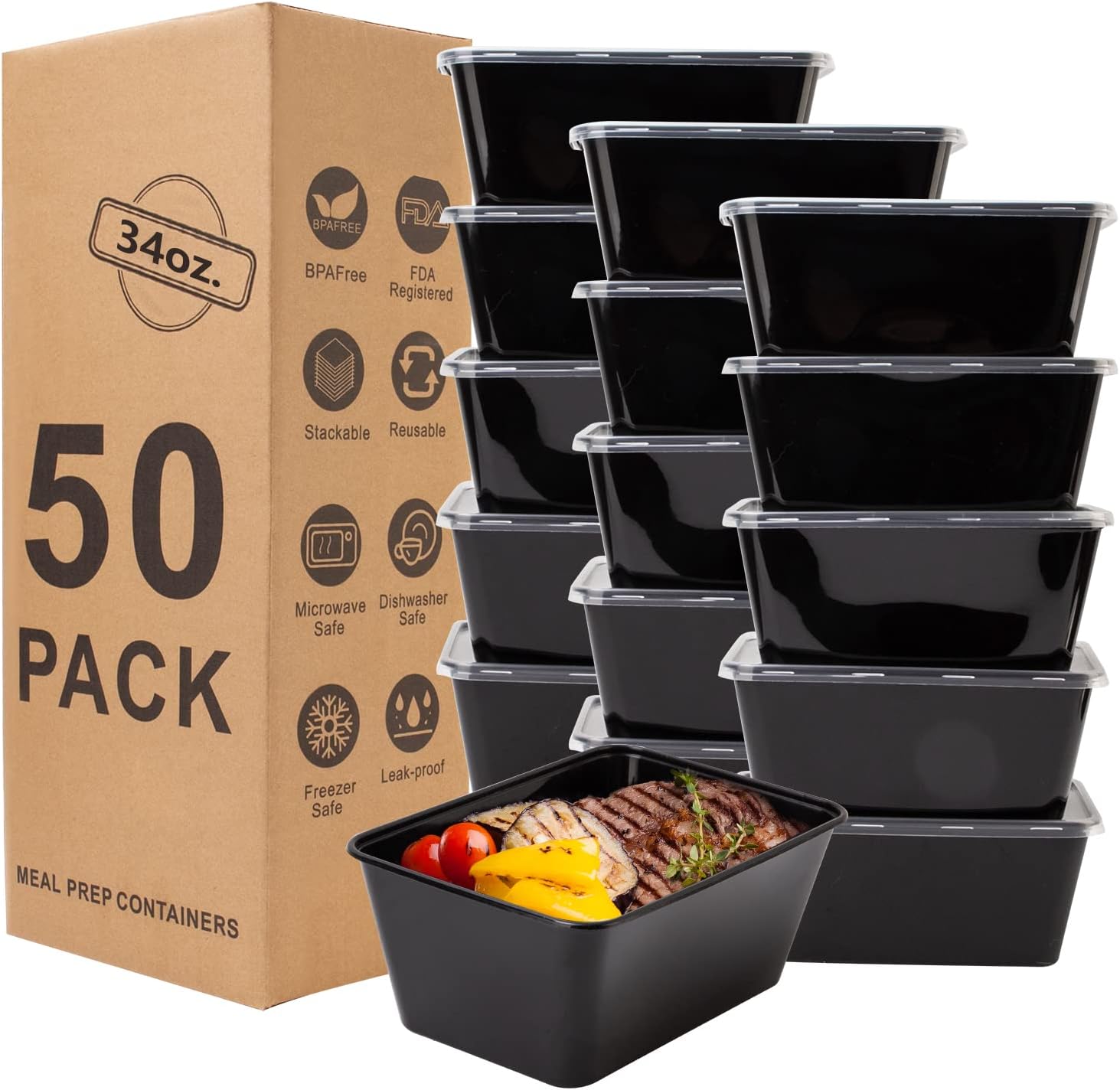 Meal Prep Containers, 34oz 50Pack Food Prep Containers with Lids, Disposable To Go Containers, Plastic Food Storage Containers with Lids, BPA Free, Stackable, Microwave/Dishwasher/Freezer Safe