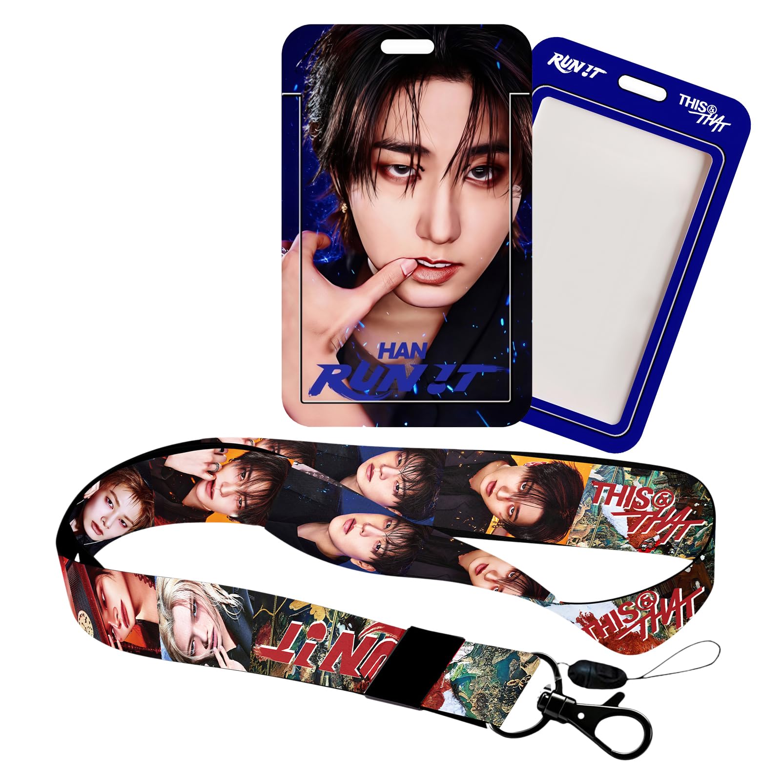 Stray Kids Run IT Photocard Holder Case and Lanyard Set, 1 Pcs Lanyard & 1 Pcs ID Photo Holder Stray Kids Plastic Badge Holder with Strap SKZ Merch Gift (HAN)