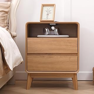Nightstand, Wood Bedside Table with 2 Drawers and Open Storage Shelf, Accent End Table with Solid Wood Legs for Bedroom,Nature