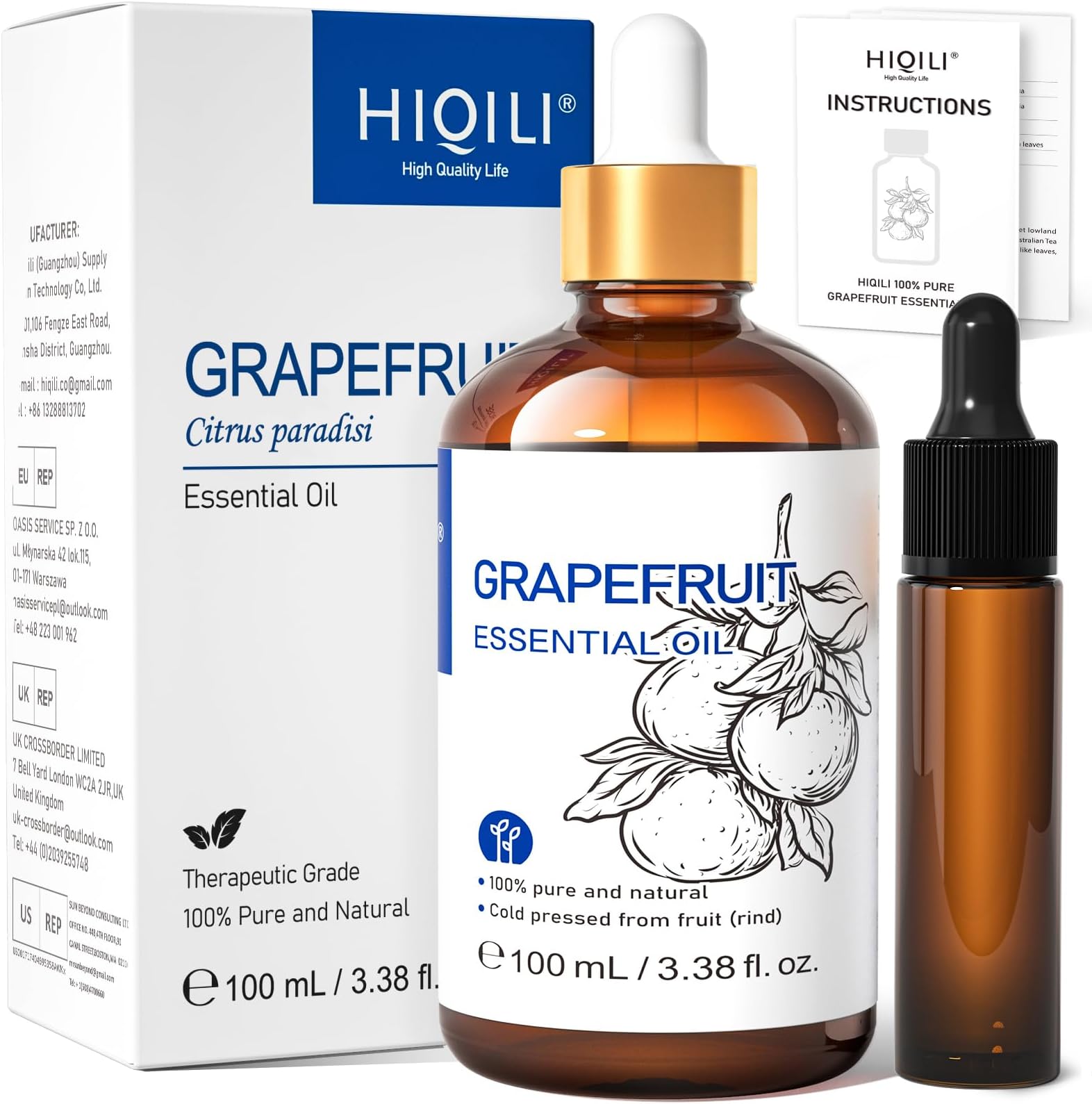 HIQILI 100 ml Grapefruit Essential Oil, for Diffuser, Skin Care, 100% Pure and Natural - 3.38 Fl Oz