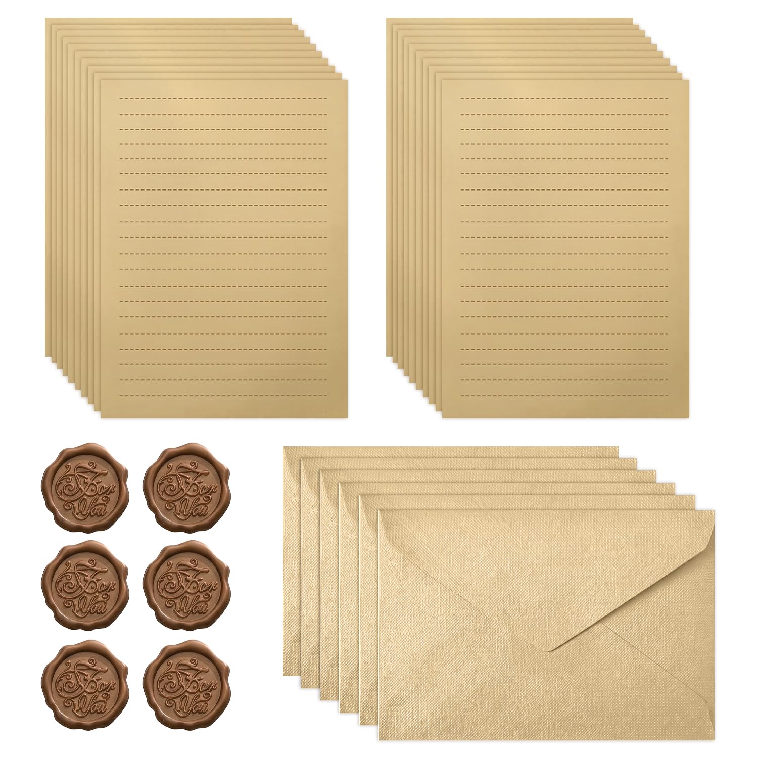 Vintage Letter Writing Set, 6 Envelopes, 20 Kraft Lined Papers, 6 Wax Seal Stickers, Elegant Stationery for Weddings, Birthdays, Greeting Cards(Combination 6)