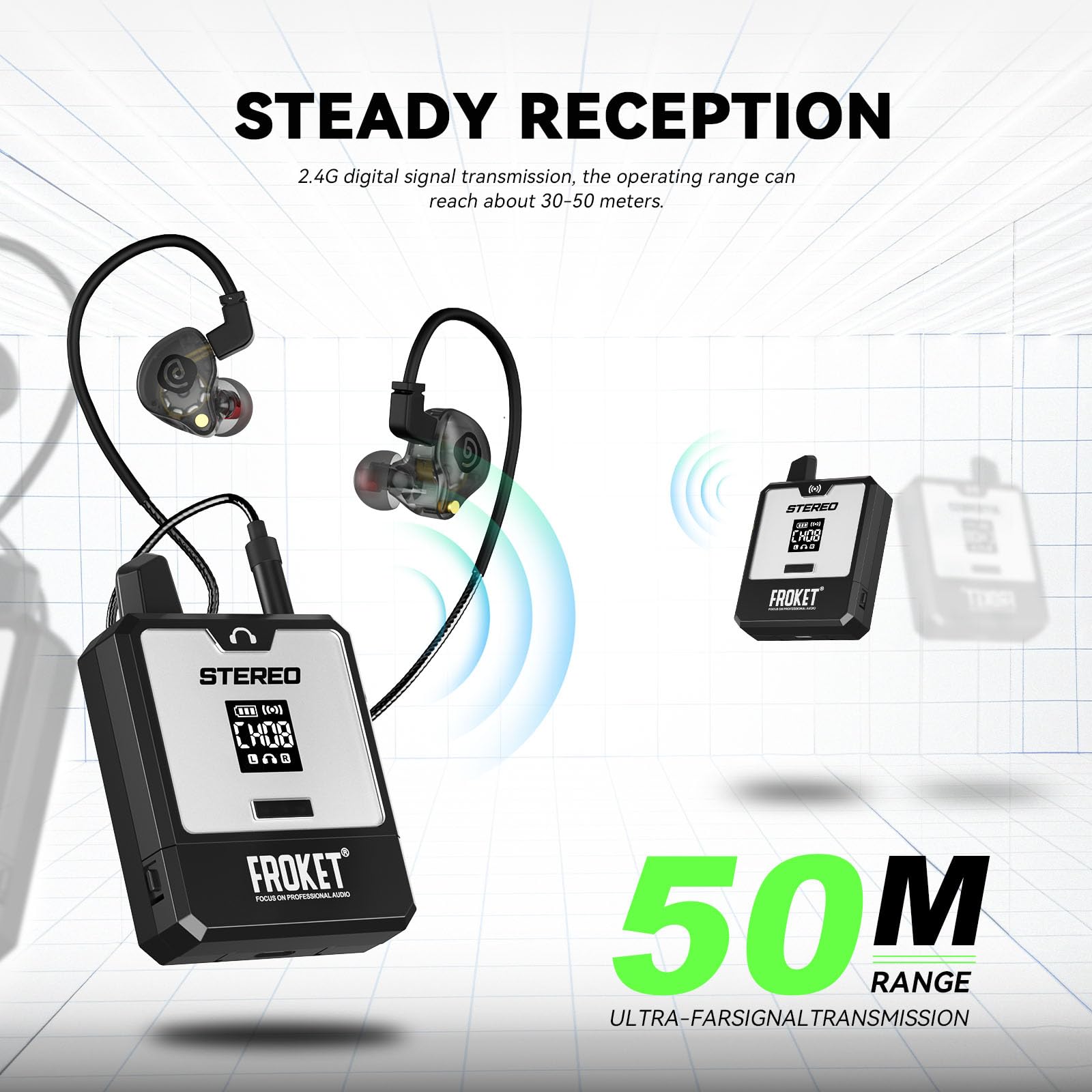 ET-24 - Sistema de monitor intrauditivo inalámbrico de 2.4G, latencia ultra baja de 15 ms, batería de 8 a 12 horas, 11 canales, sincronización multireceptor, rango de 30-50 m para rendimiento