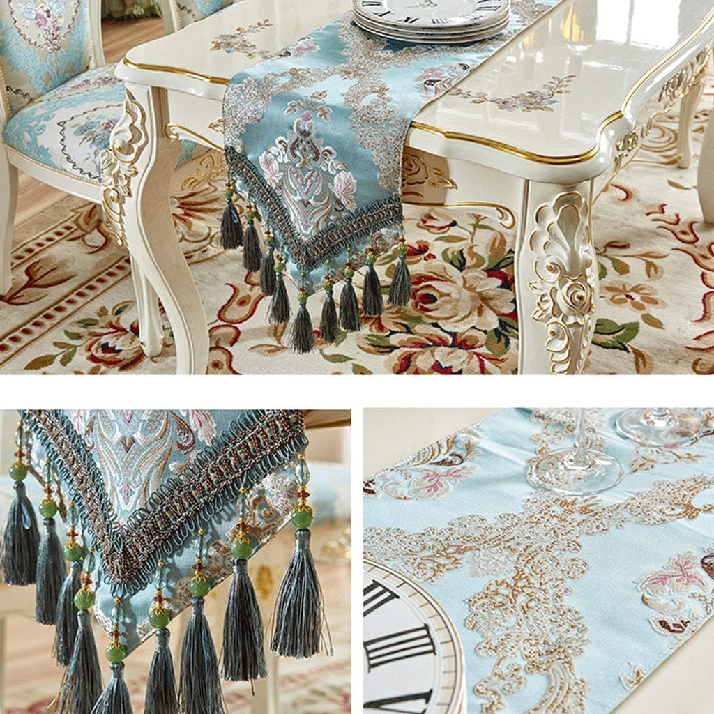 Beaded Tassel Table Runner Blue Farmhouse Vintage Luxury Runners for Tv Cabinet Shoe Bed Light Placemats Holiday Party Dinner Decoration-32×250cm (Color 32×220cm32×230cm)